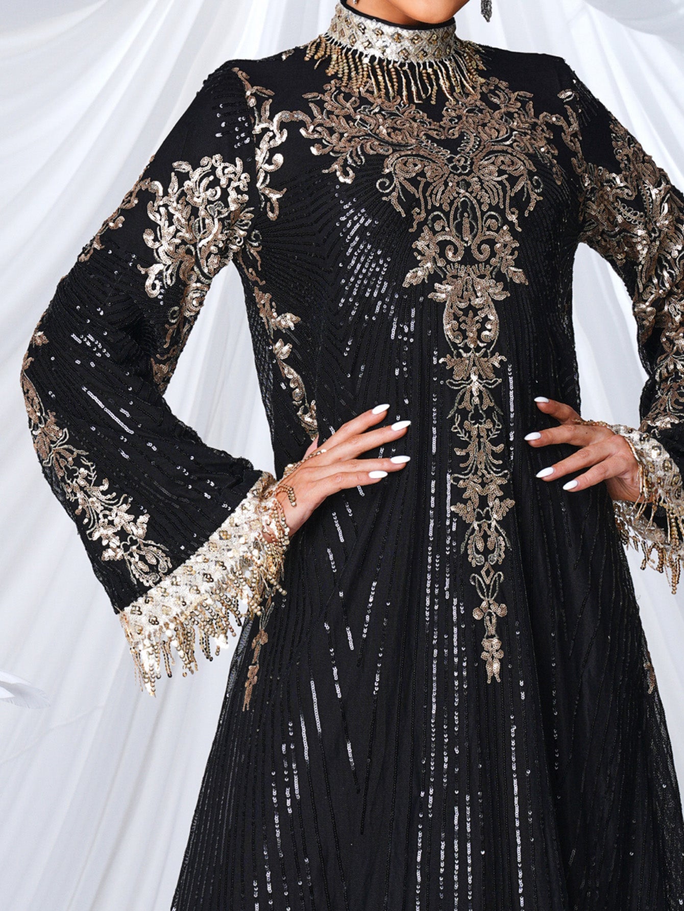 Stand Collar Bell Sleeve Sequin Dress MES00344