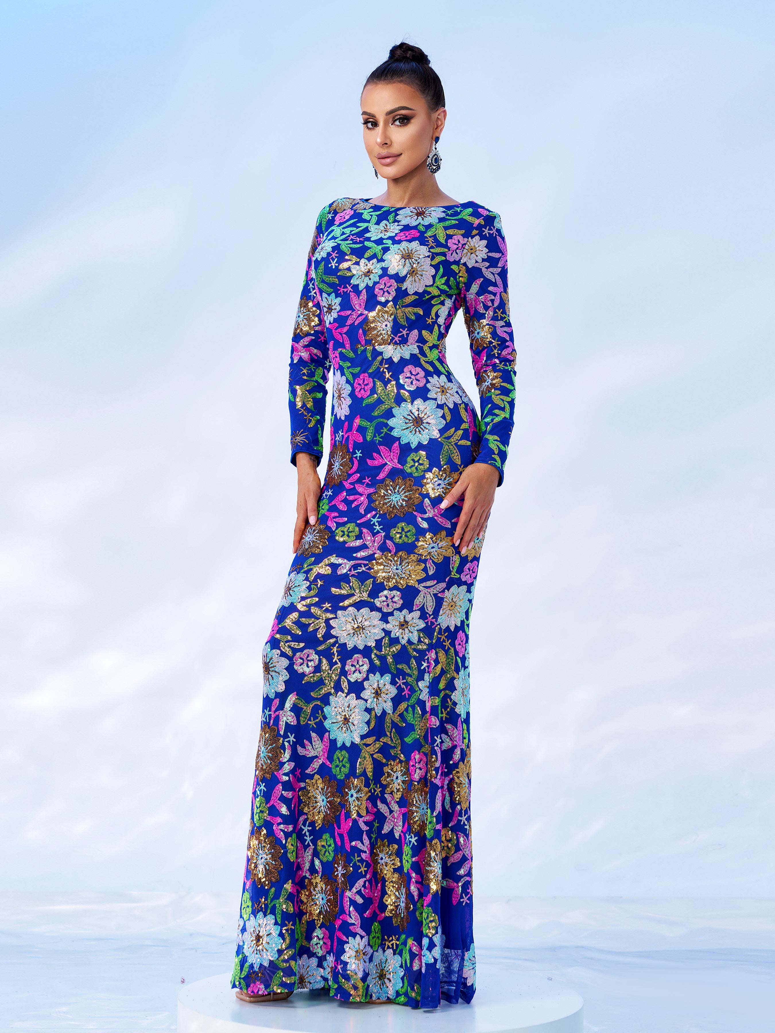 Crew Neck Floral Sequin Dress RJ10987