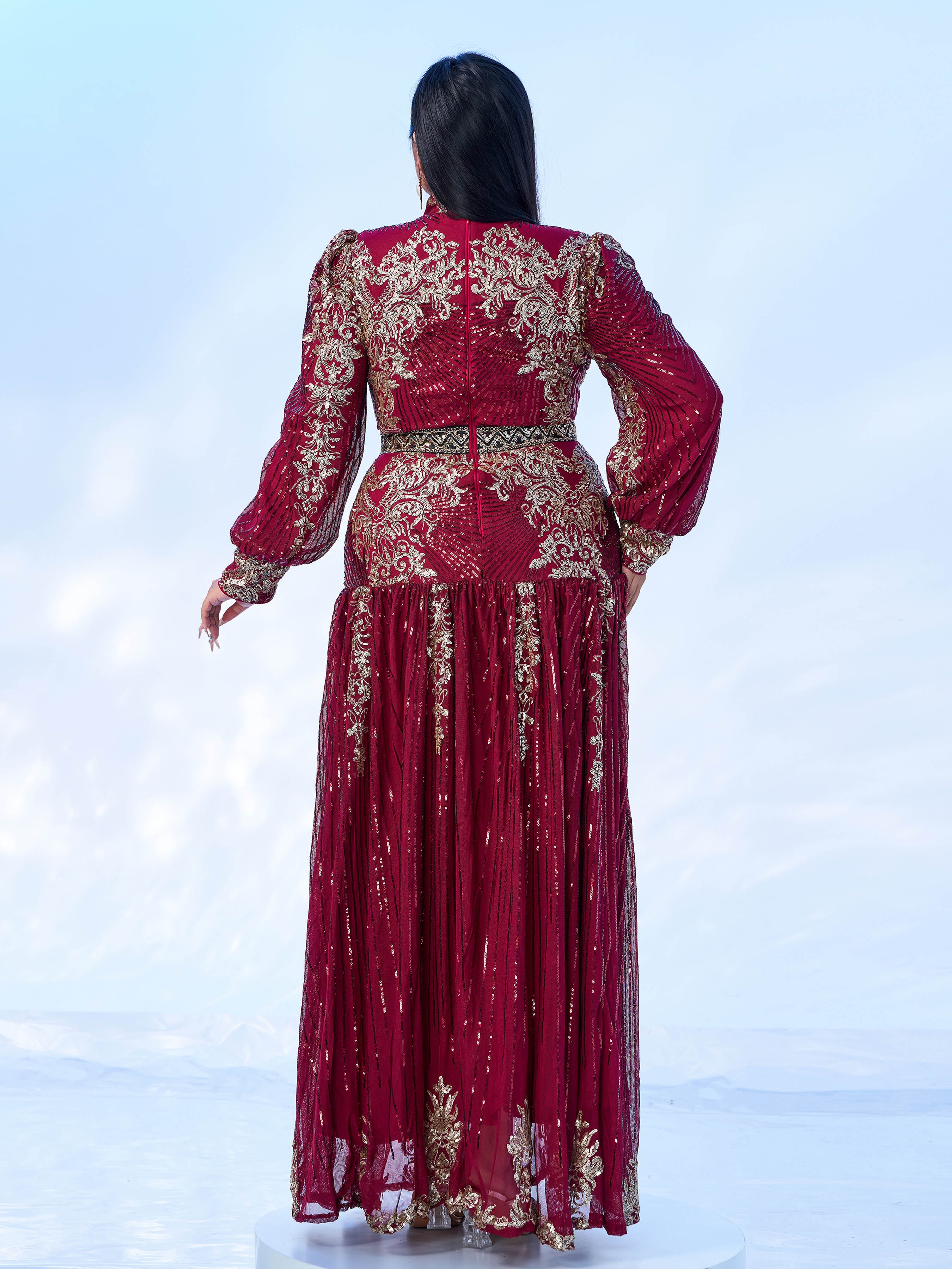 Plus Stand Collar Sequin A-line Dress PMES00341