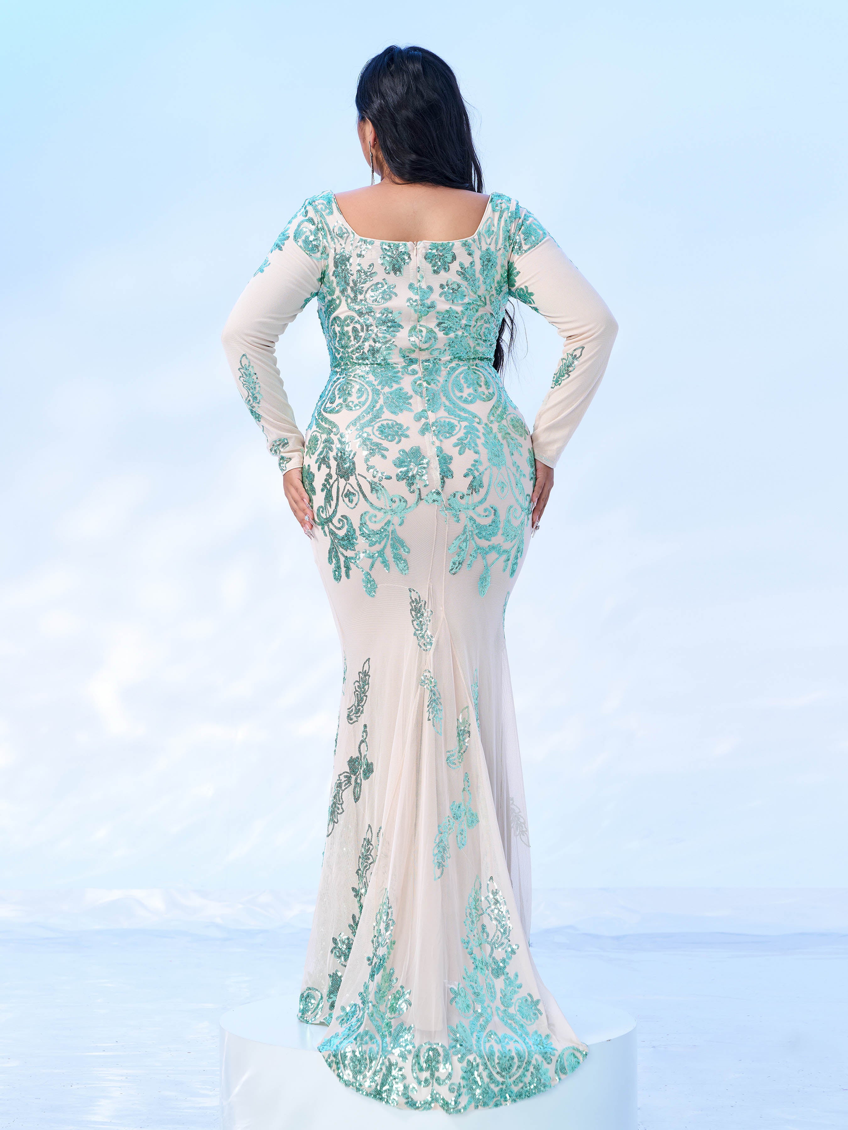 Plus Long Sleeve Floral Sequin Dress PM02326