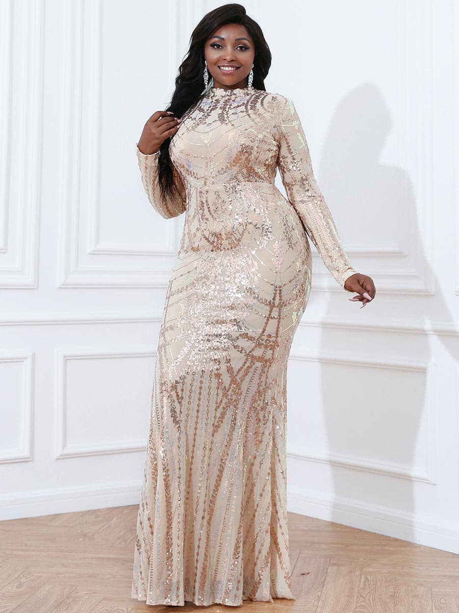 Plus Size Cutout Long Sleeve Sequin Dress PXH1271