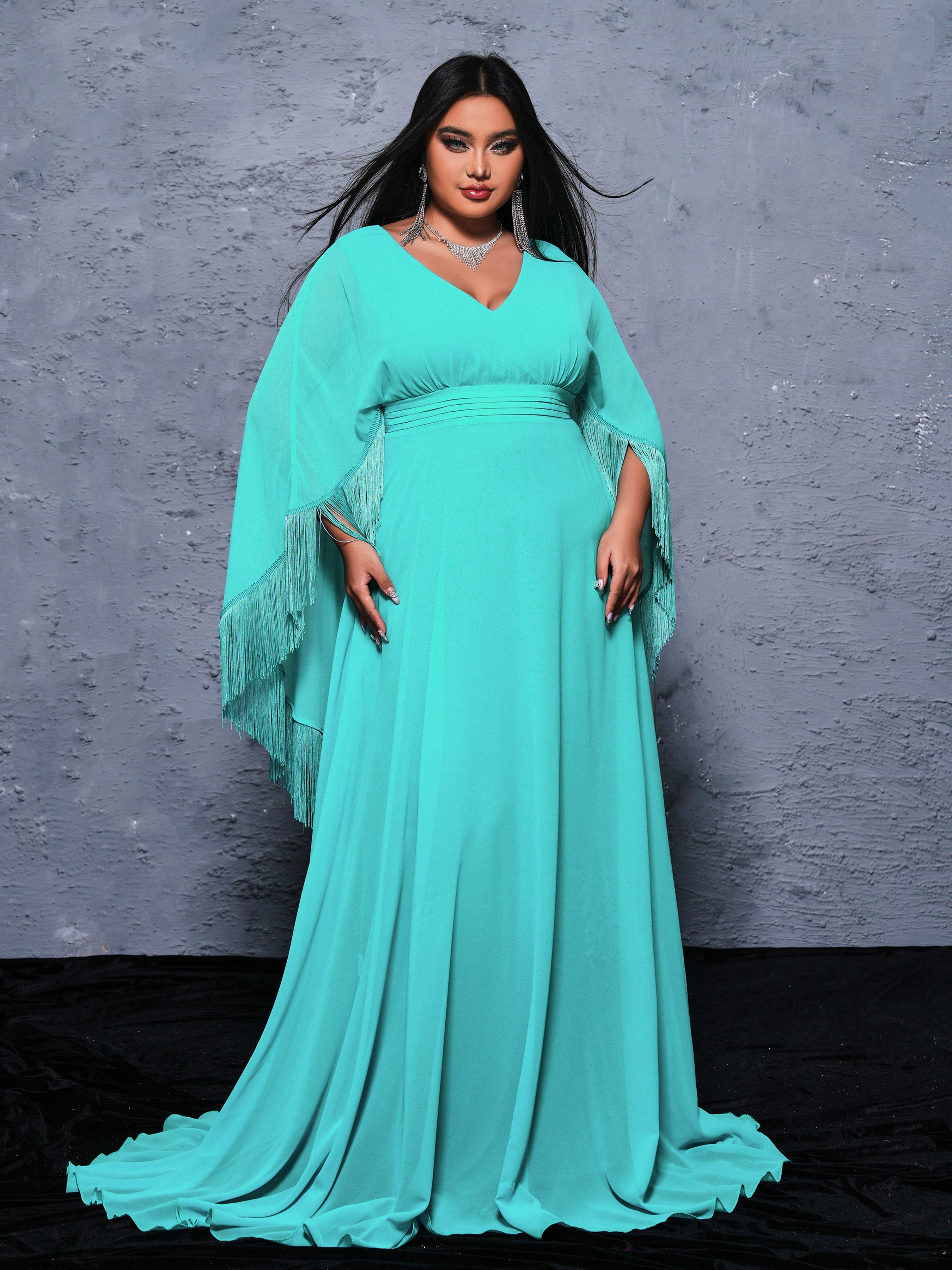 Plus Cape Sleeve Fringed Tulle Dress PRM21161