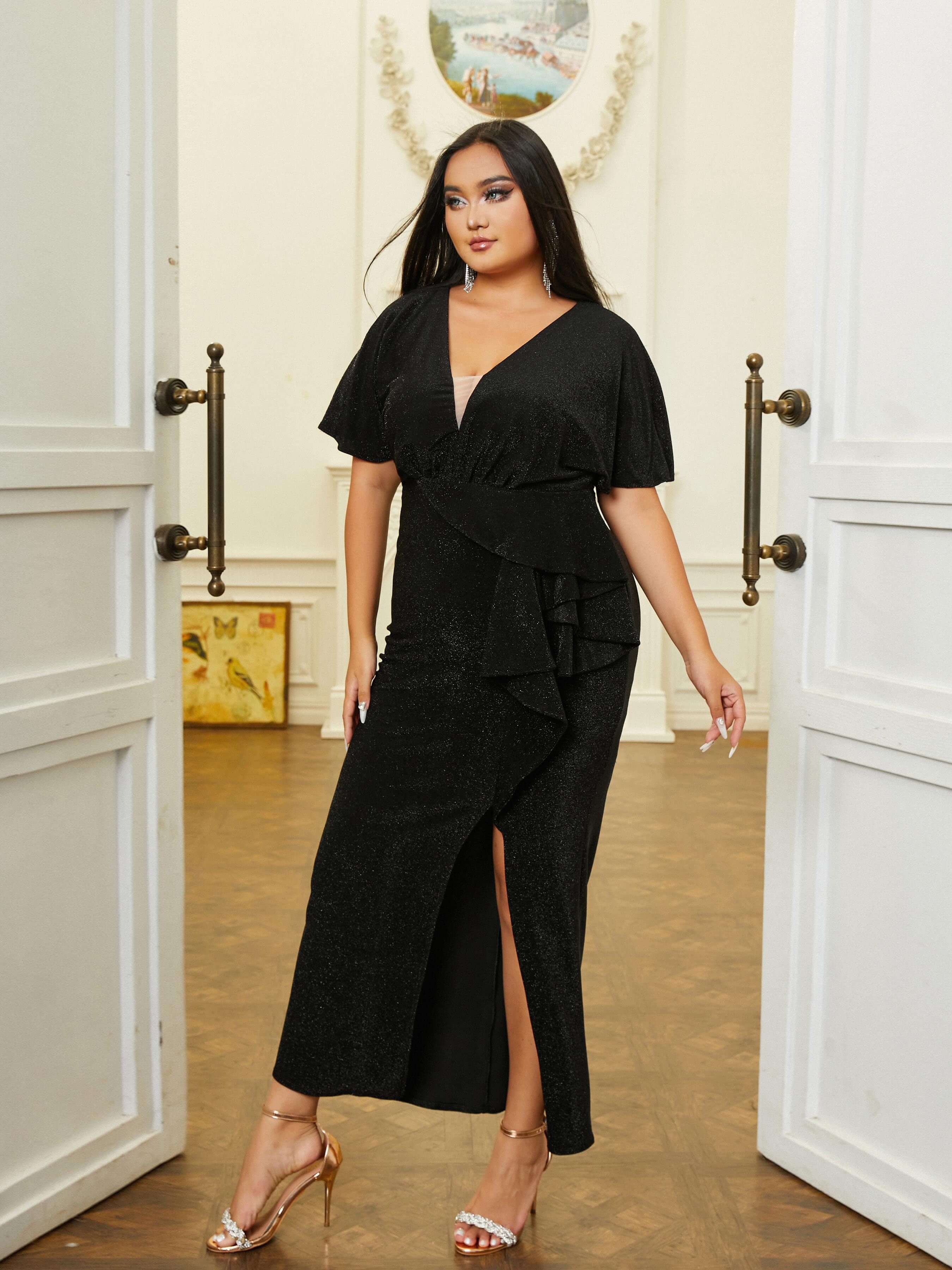 Plus V-neck High Split Prom Dress PRM20839