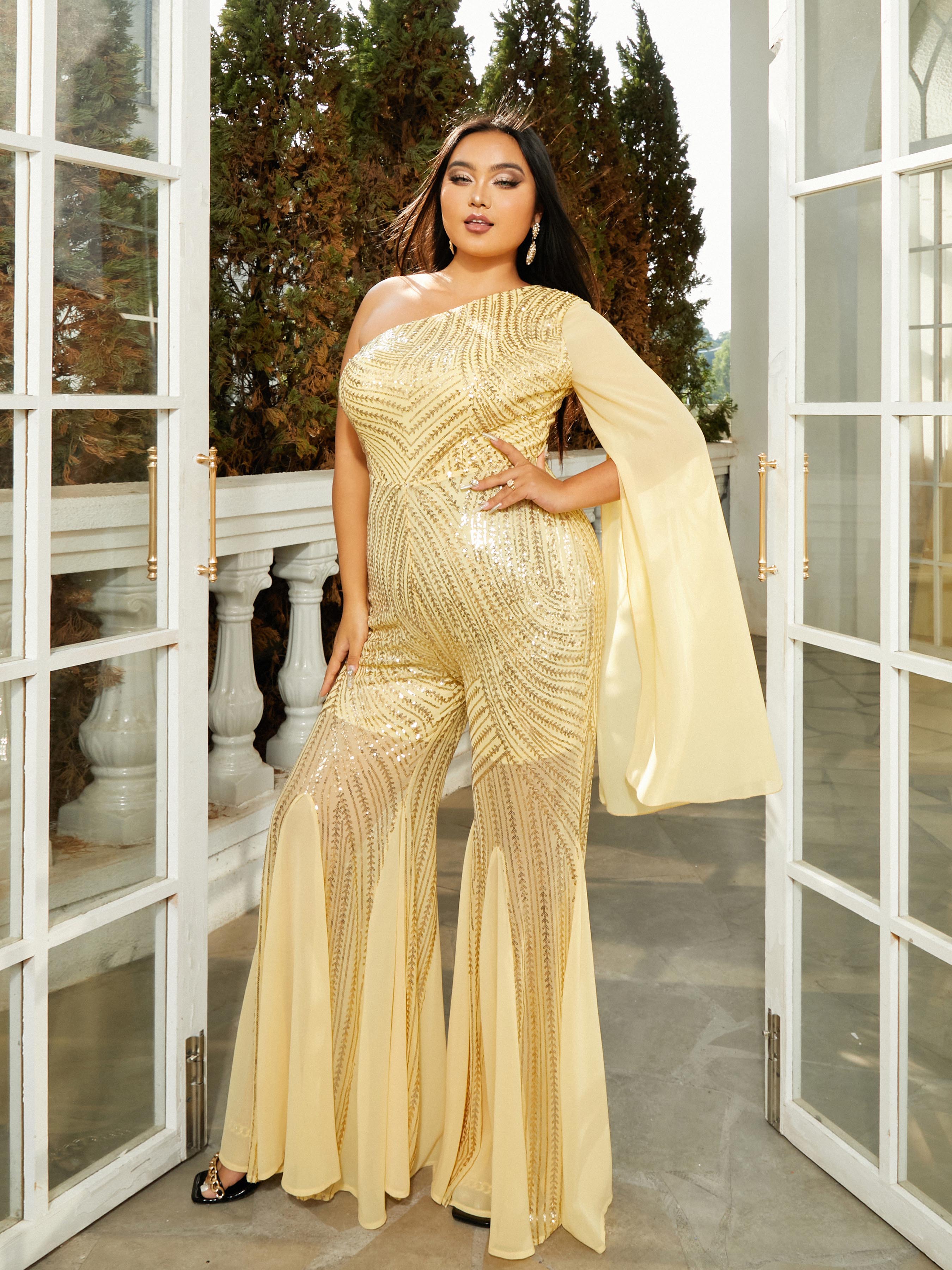 Plus Size Sequin One Shoulder Ruffled Jumpsuits PRX70020