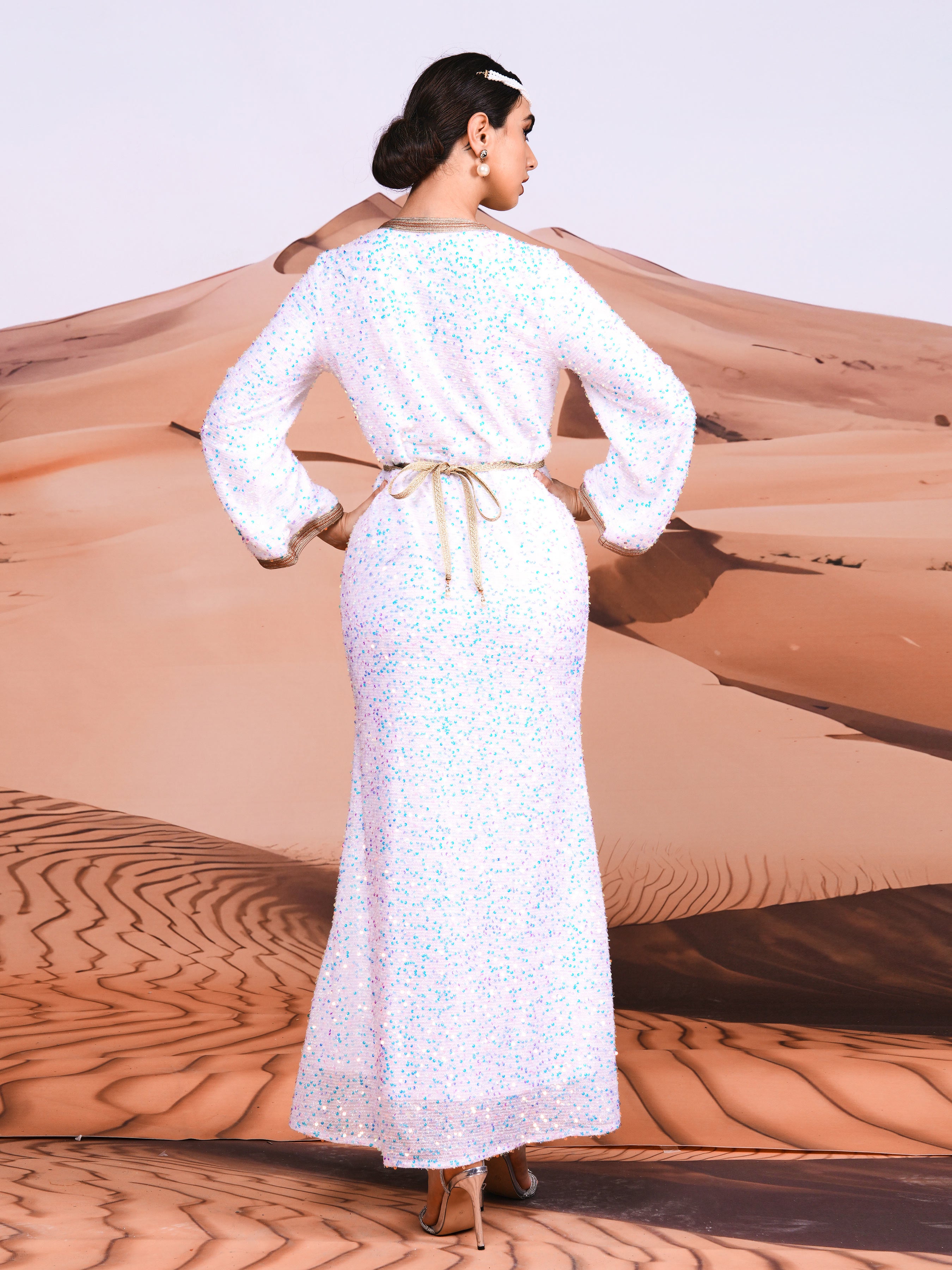 V-neck White Sequin Muslim Dress MES00395