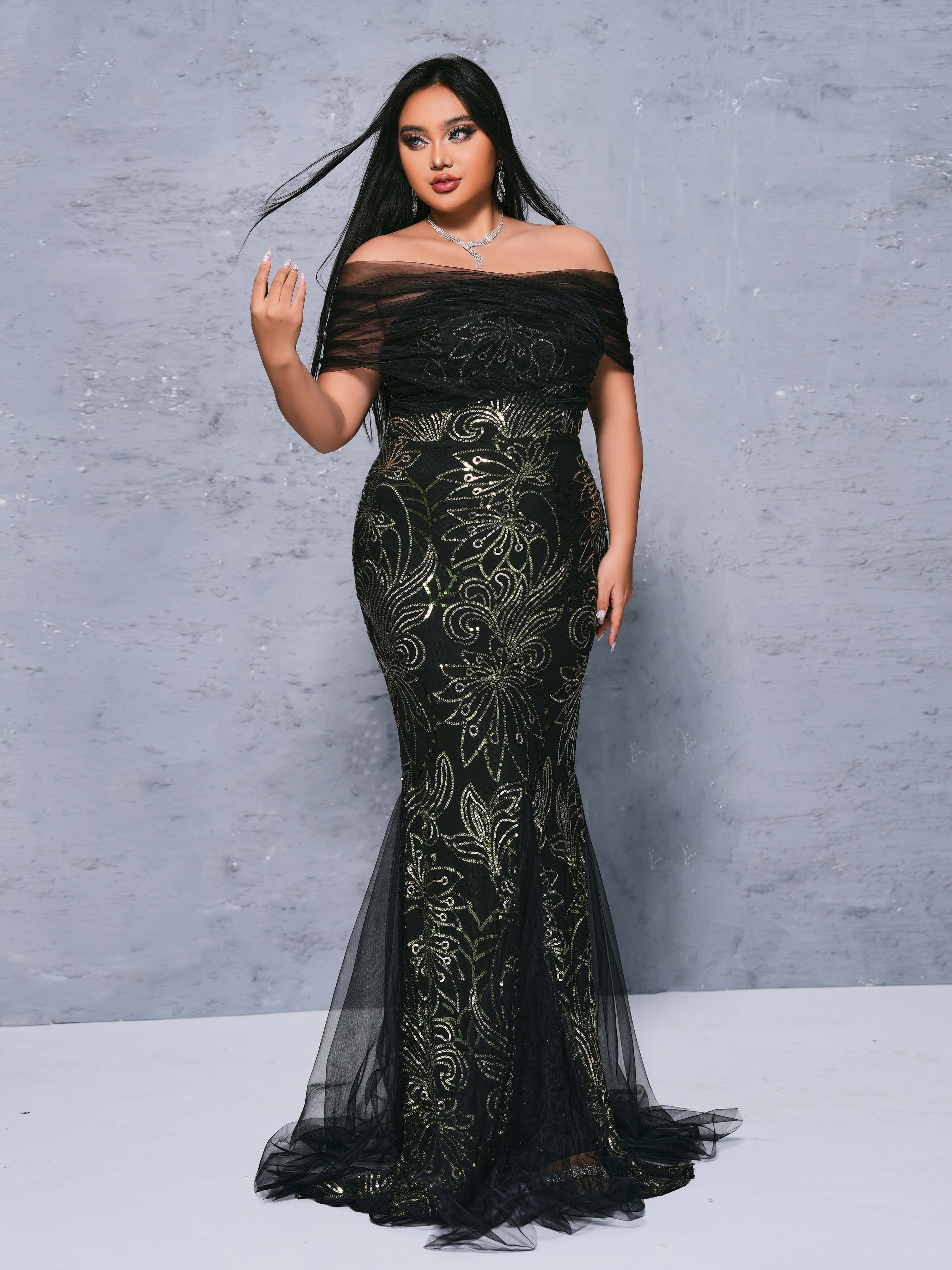 Plus Off Shoulder Panel Mermaid Dress PRX70147