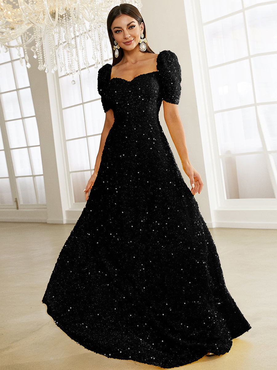 Light Yellow Puff Sleeve Sequin Maxi Dress XJ1509