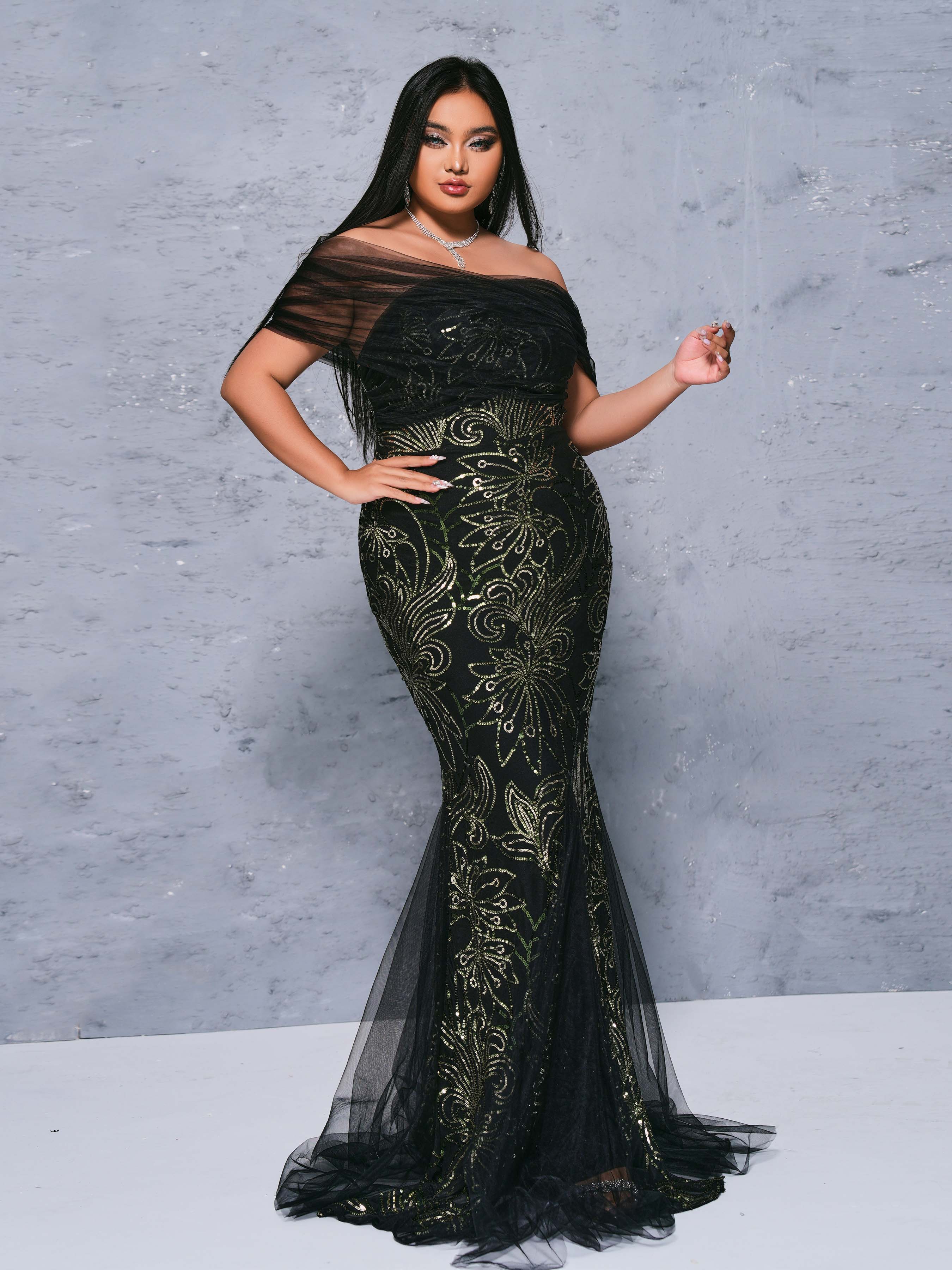 Plus Off Shoulder Panel Mermaid Dress PRX70147