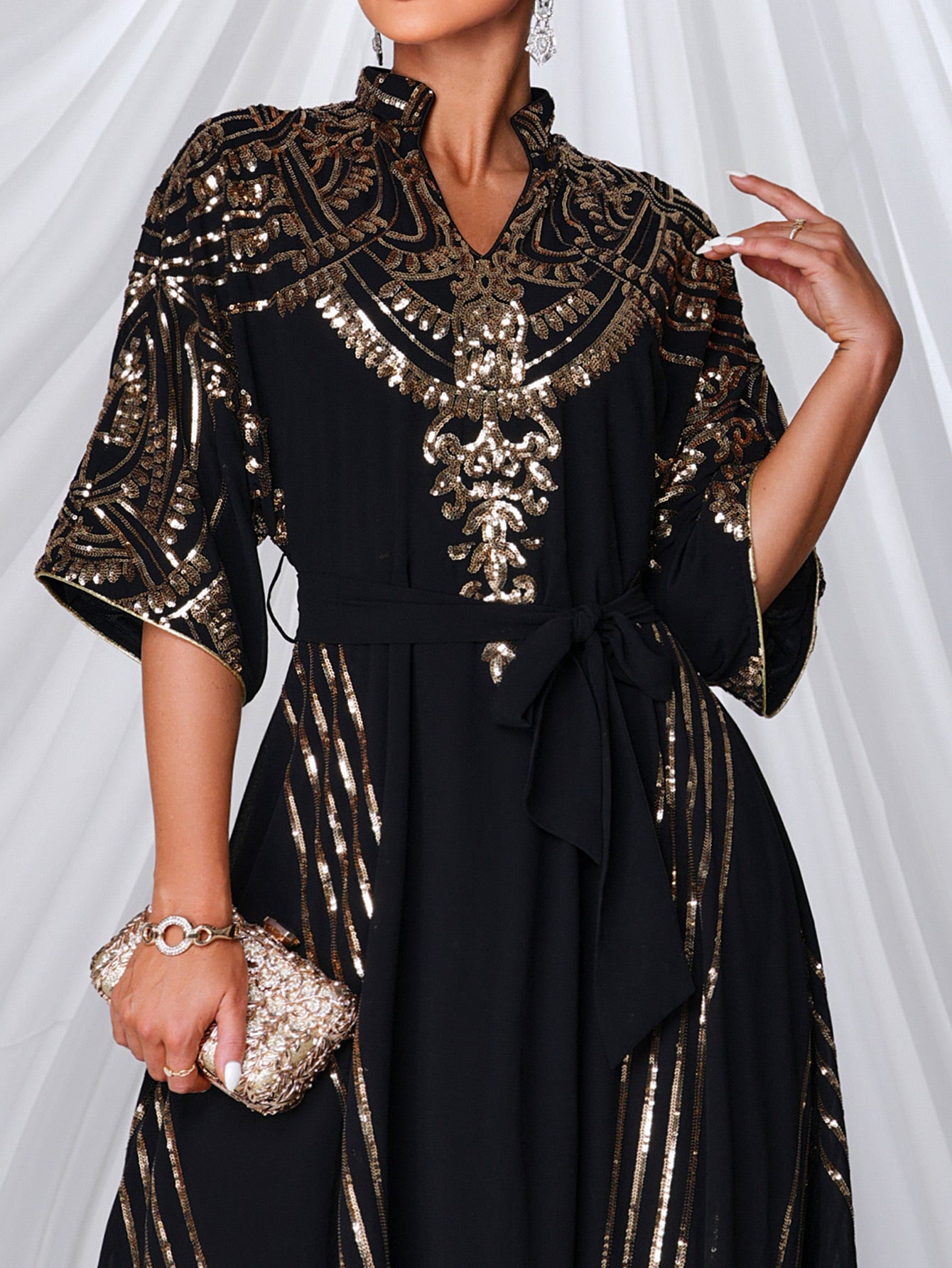 Sequin Panel Mesh Asymmetric Hem Dress MES00449