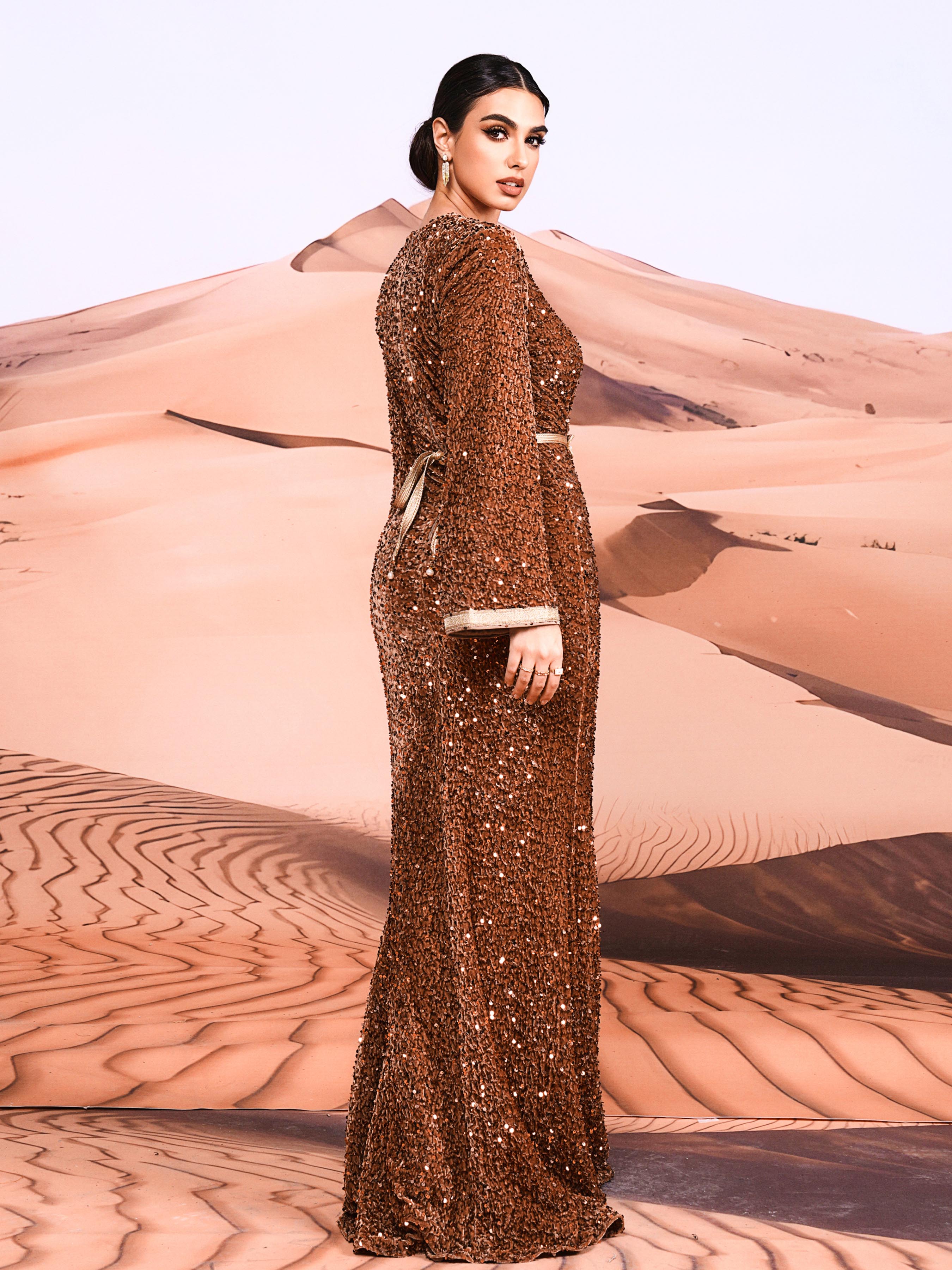 V-neck Belt Long Sleeve Sequin Dress MES00389