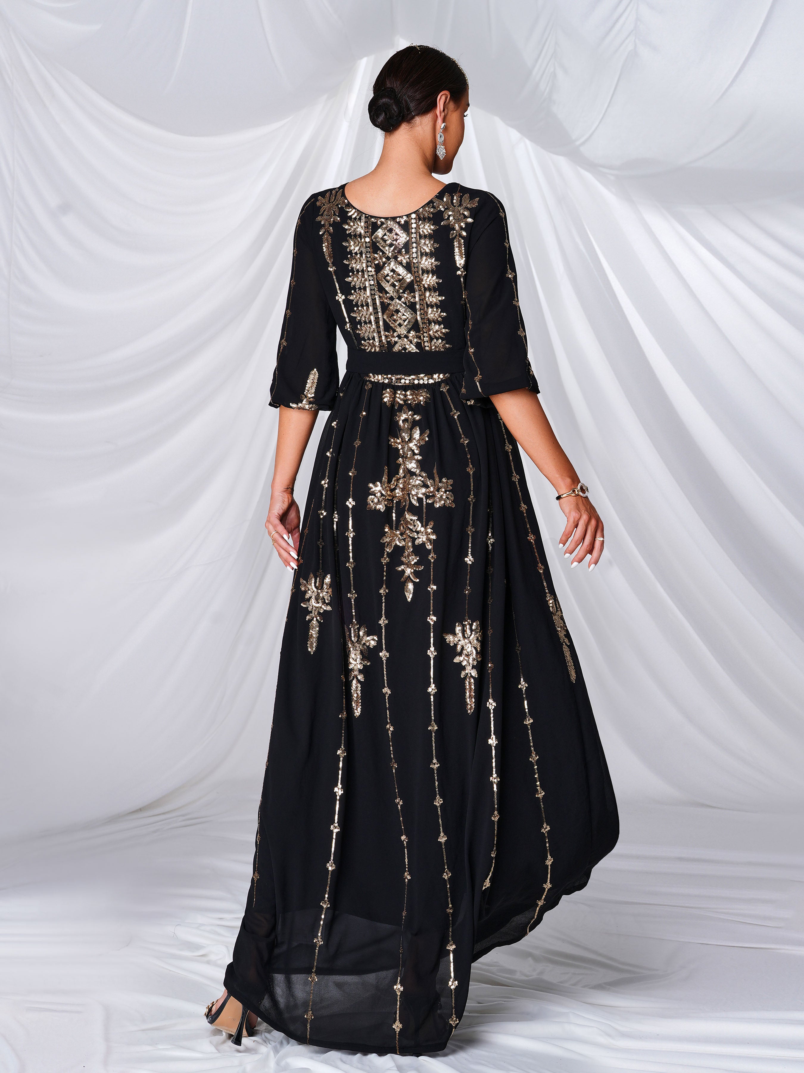 Half Sleeve A-line Sequin Tulle Dress MES00450