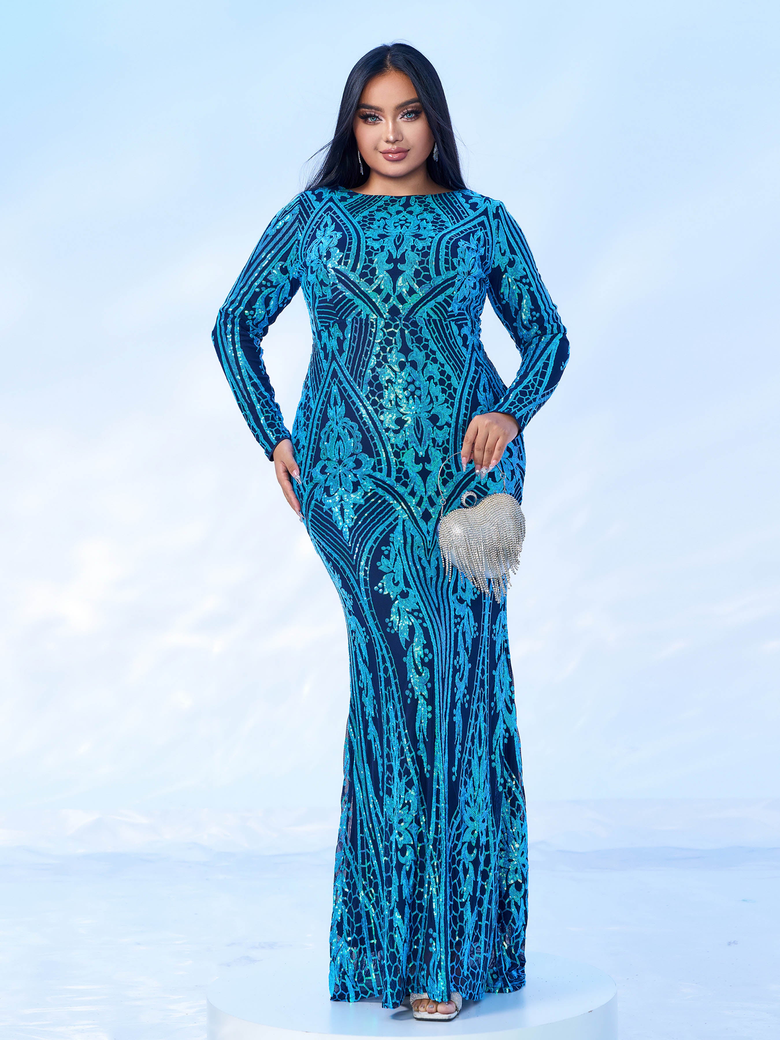 Plus Lace Back Sequin Formal Dress PRJ11849