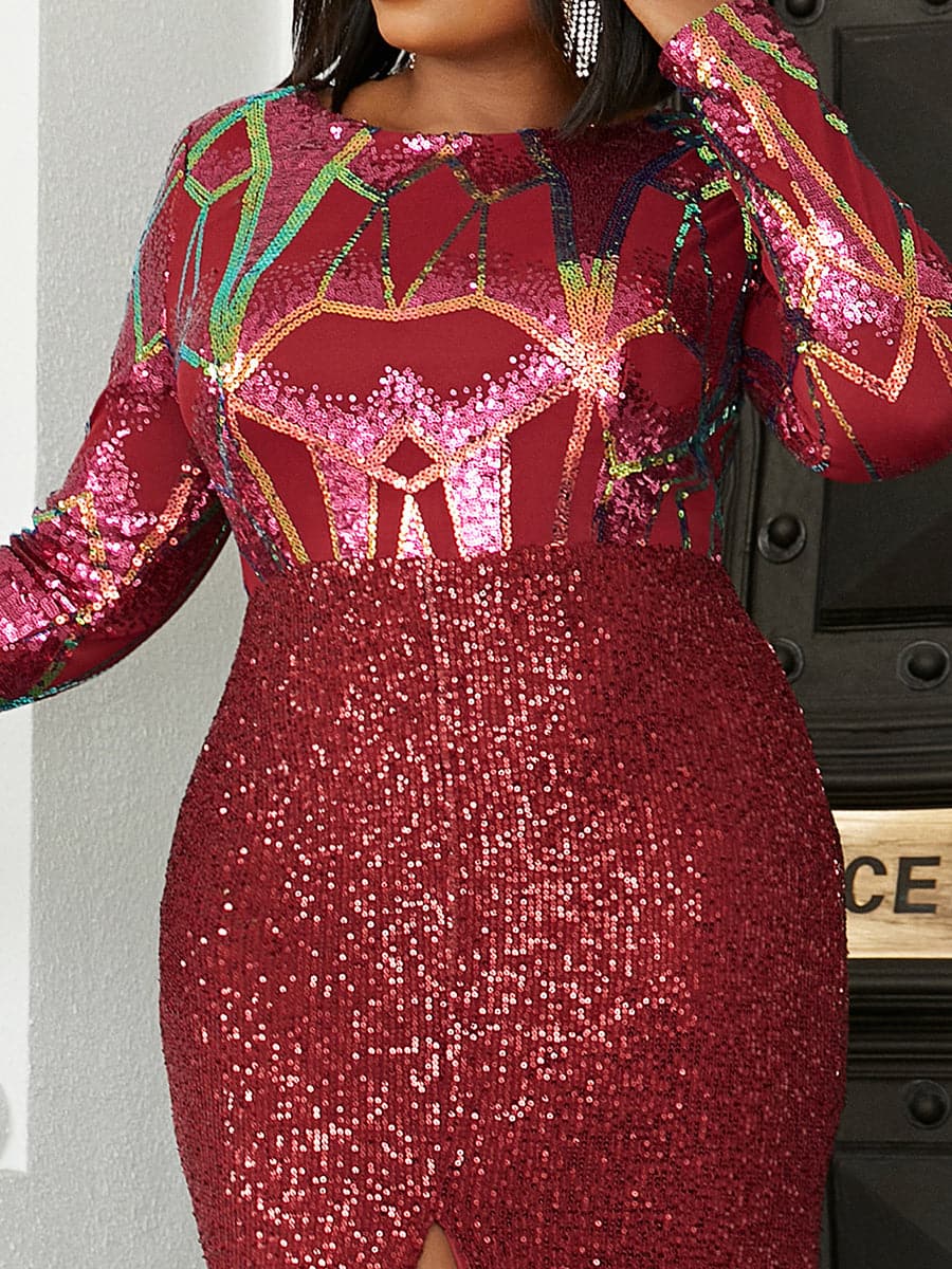 Plus Size Long Sleeve Split Maxi Dress PXH1758