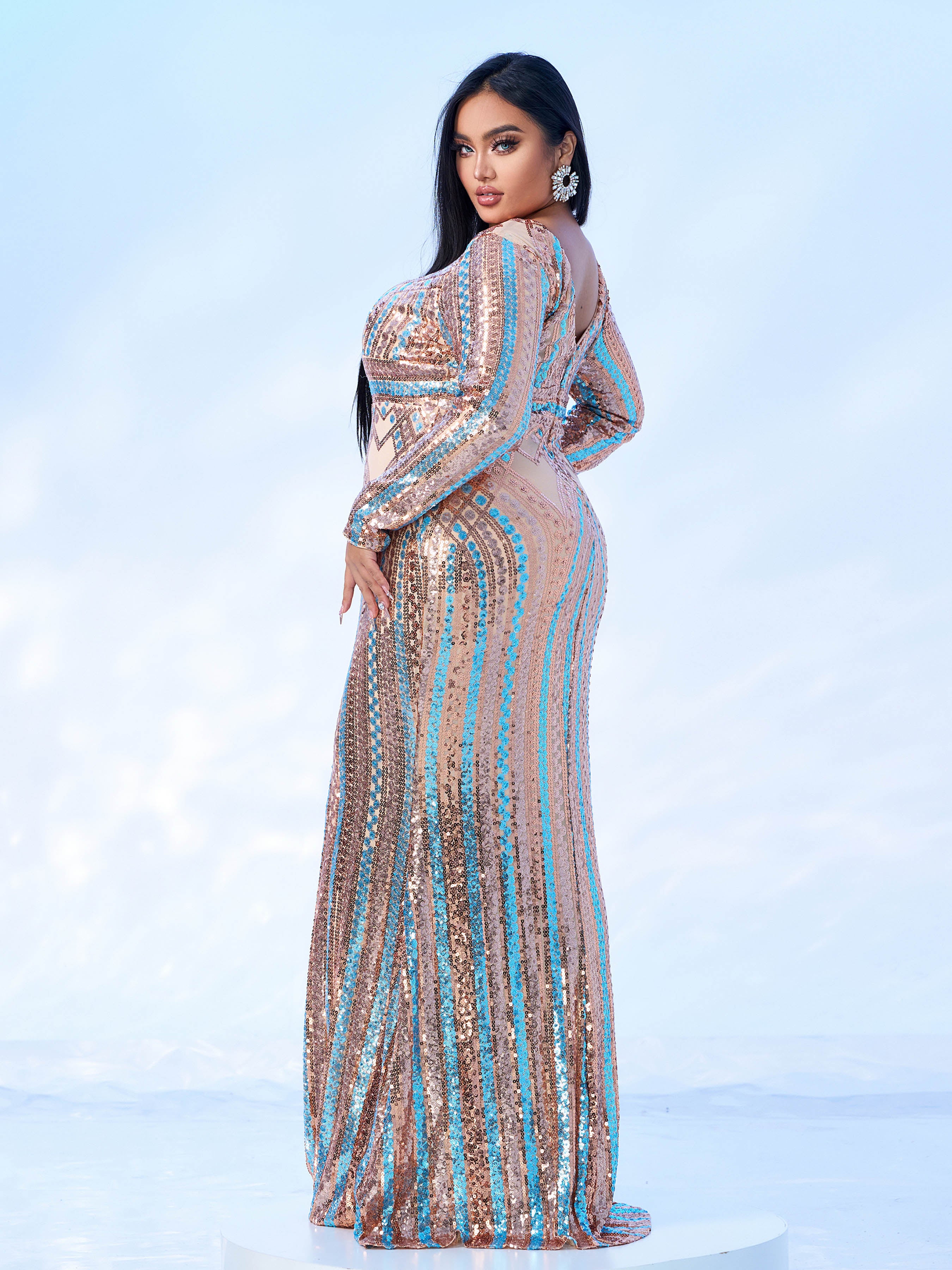 Backless Crew Neck Rosegold Sequin Dress RJ10456