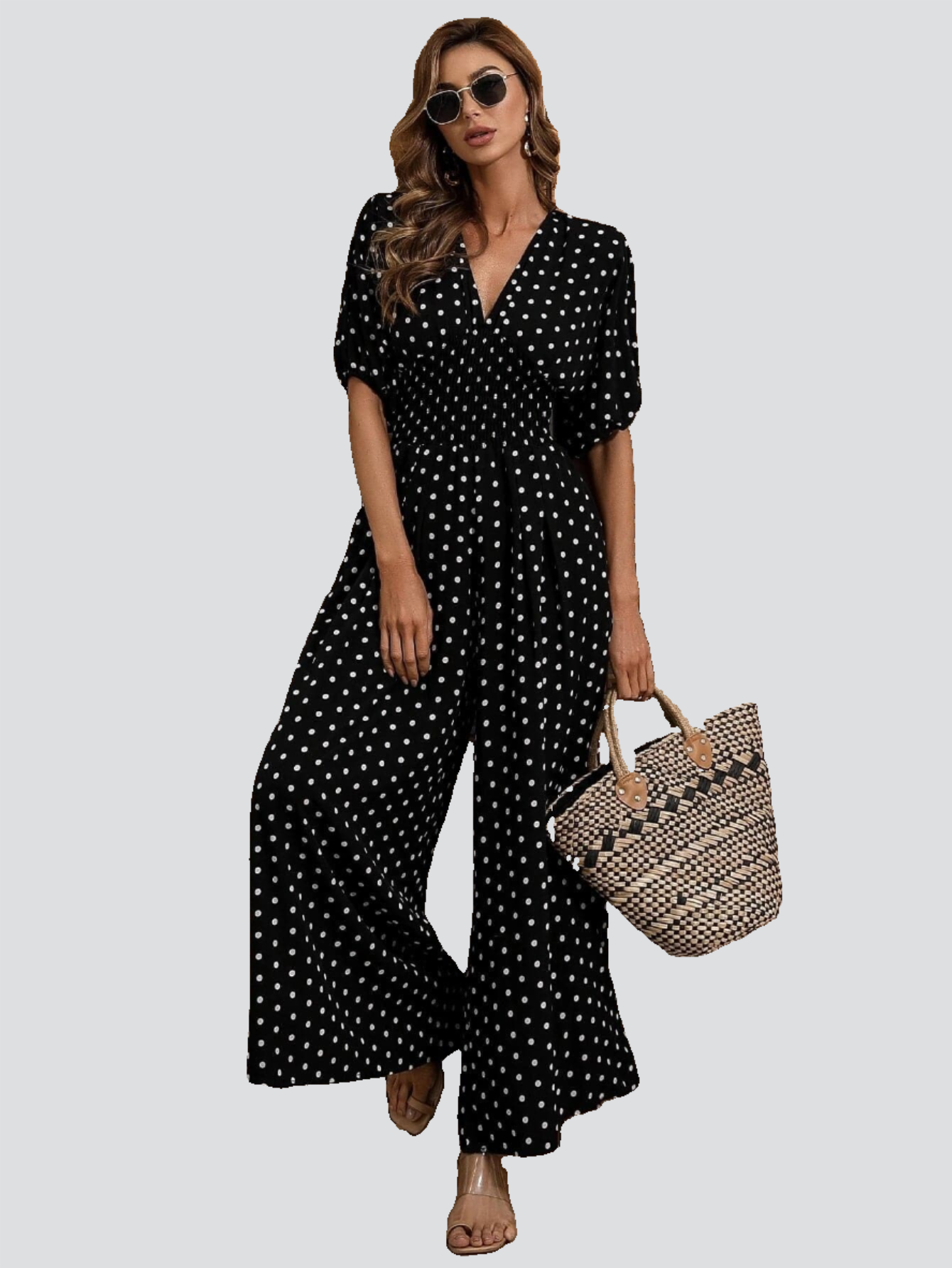Polka Dot Shirred Waist Jumpsuits M01178