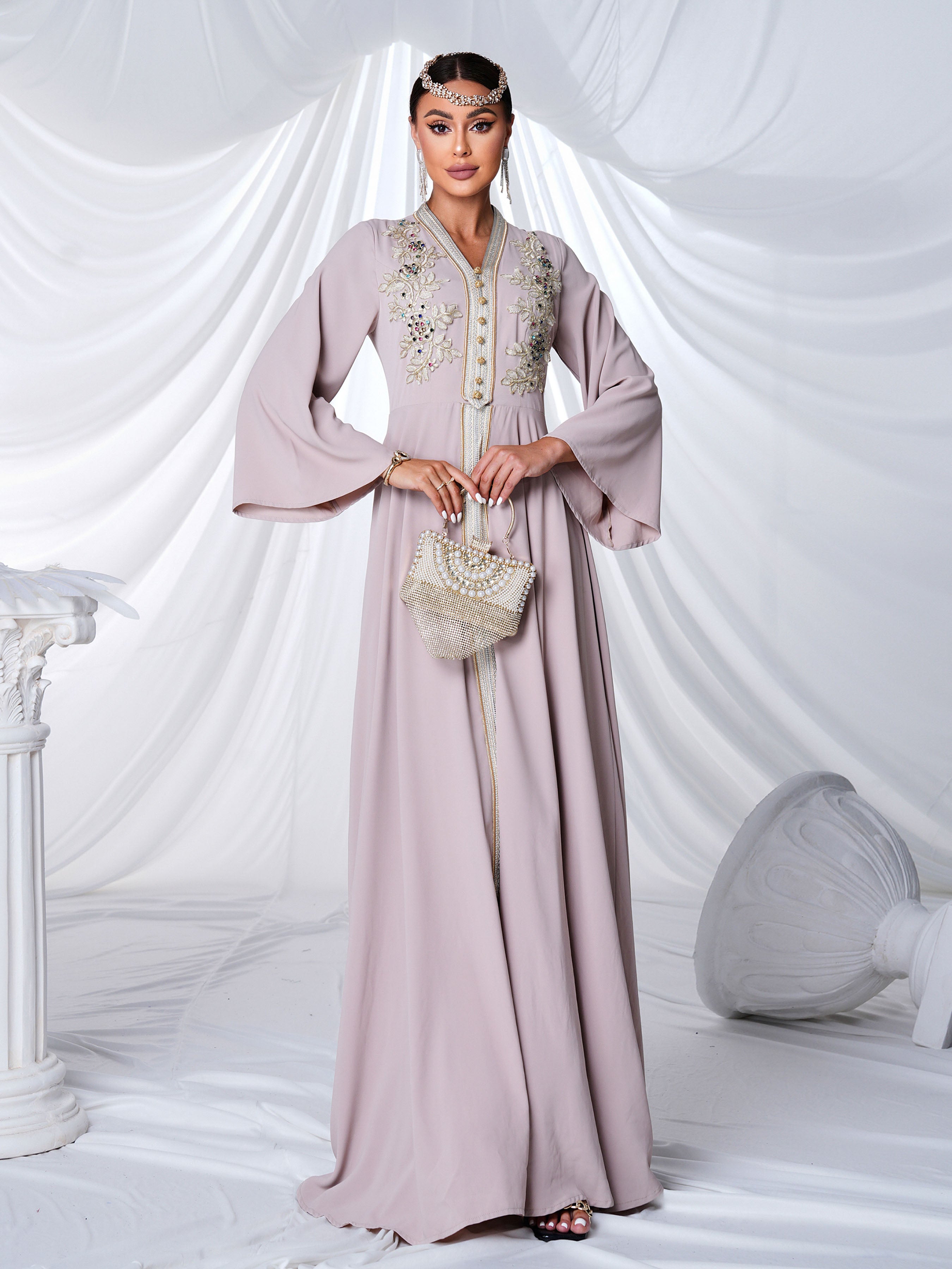 V-neck Flower Embroidery A-line Maxi Dress MES00424