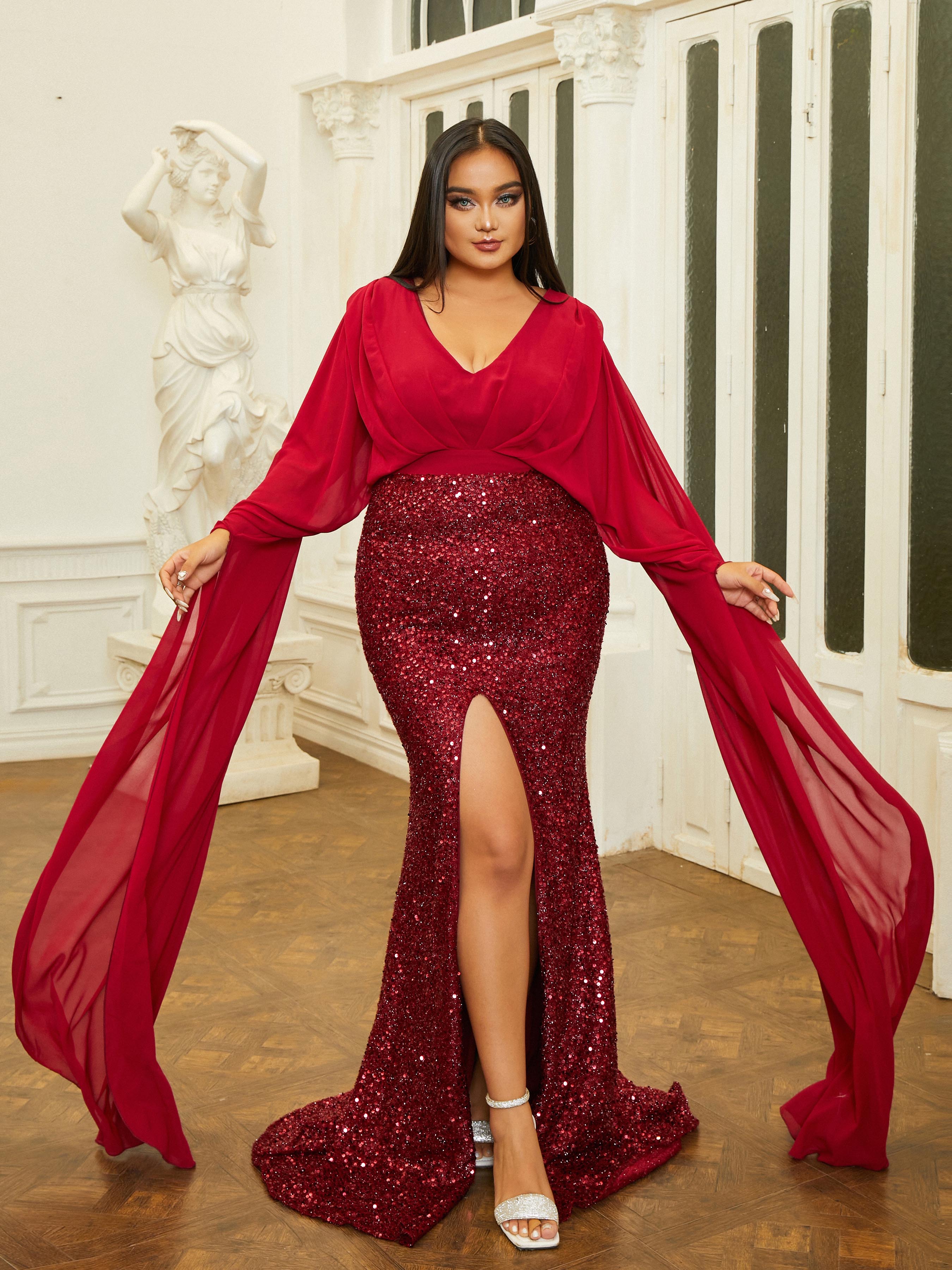 Plus Size Bell Sleeve V-neck High Split Prom Dress PRJ10618
