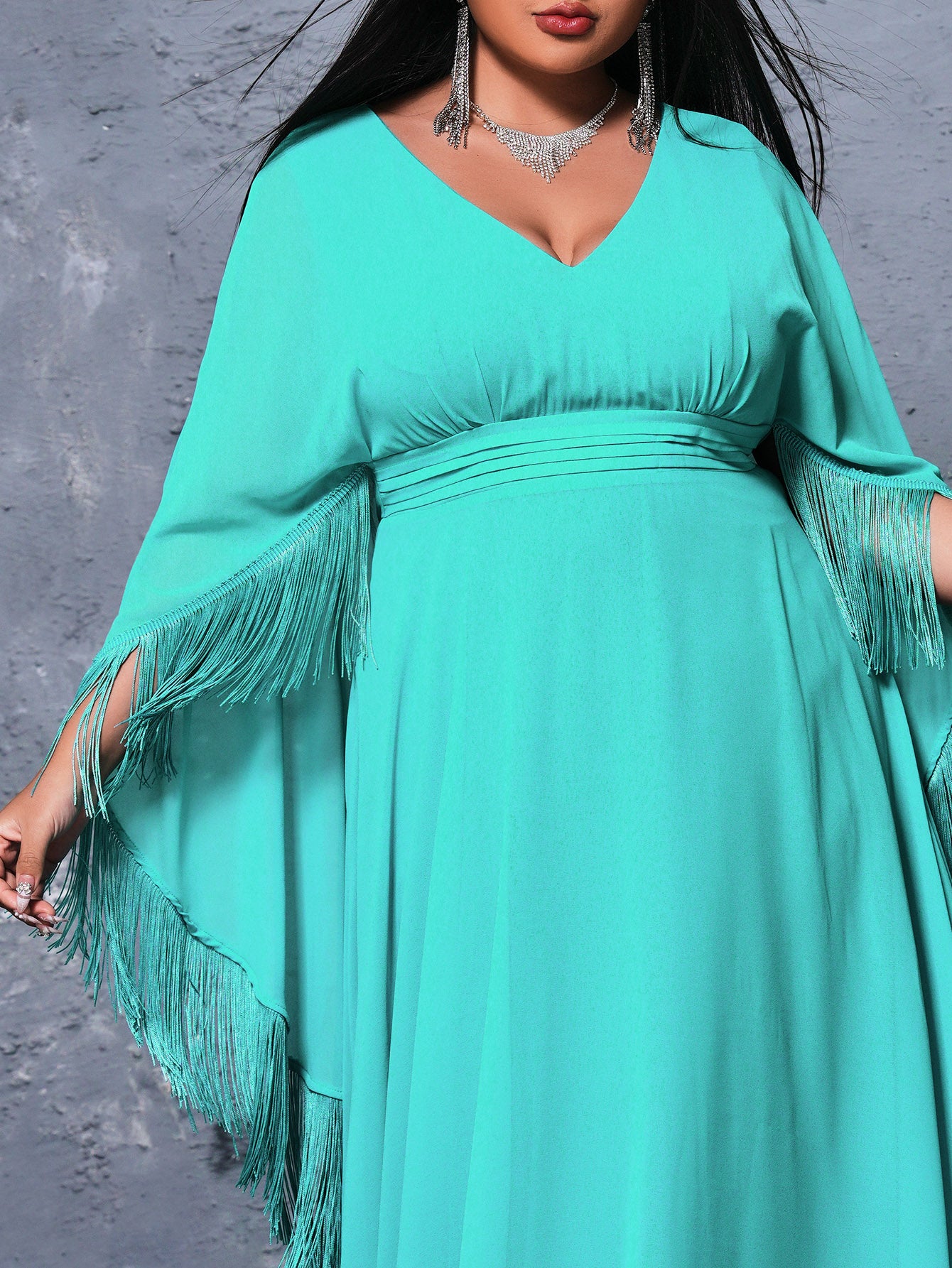 Plus Cape Sleeve Fringed Tulle Dress PRM21161