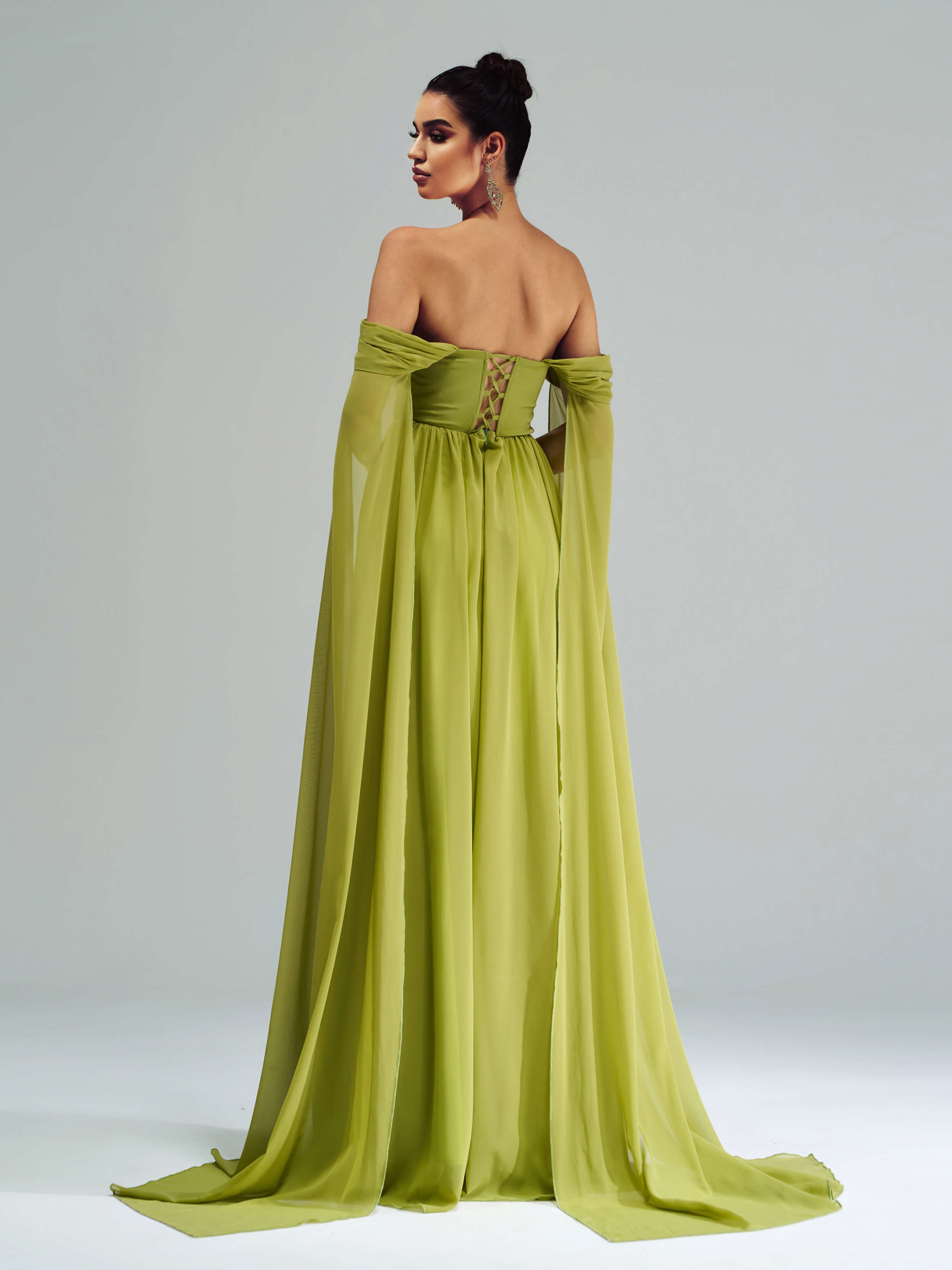 Green Chiffon Rhinestone Off Shoulder Prom Dress RX70147