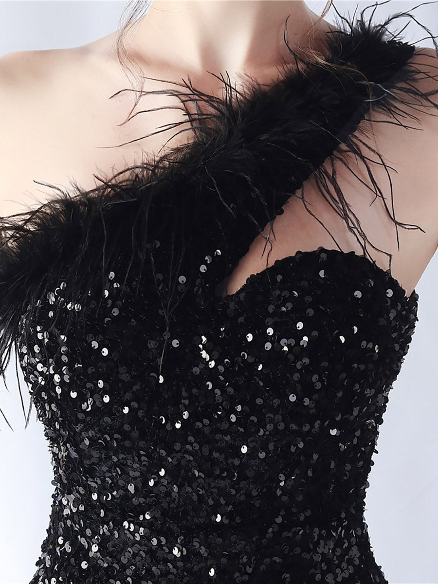 One Shoulder Sequin Feather Cocktail Dress MCW0918