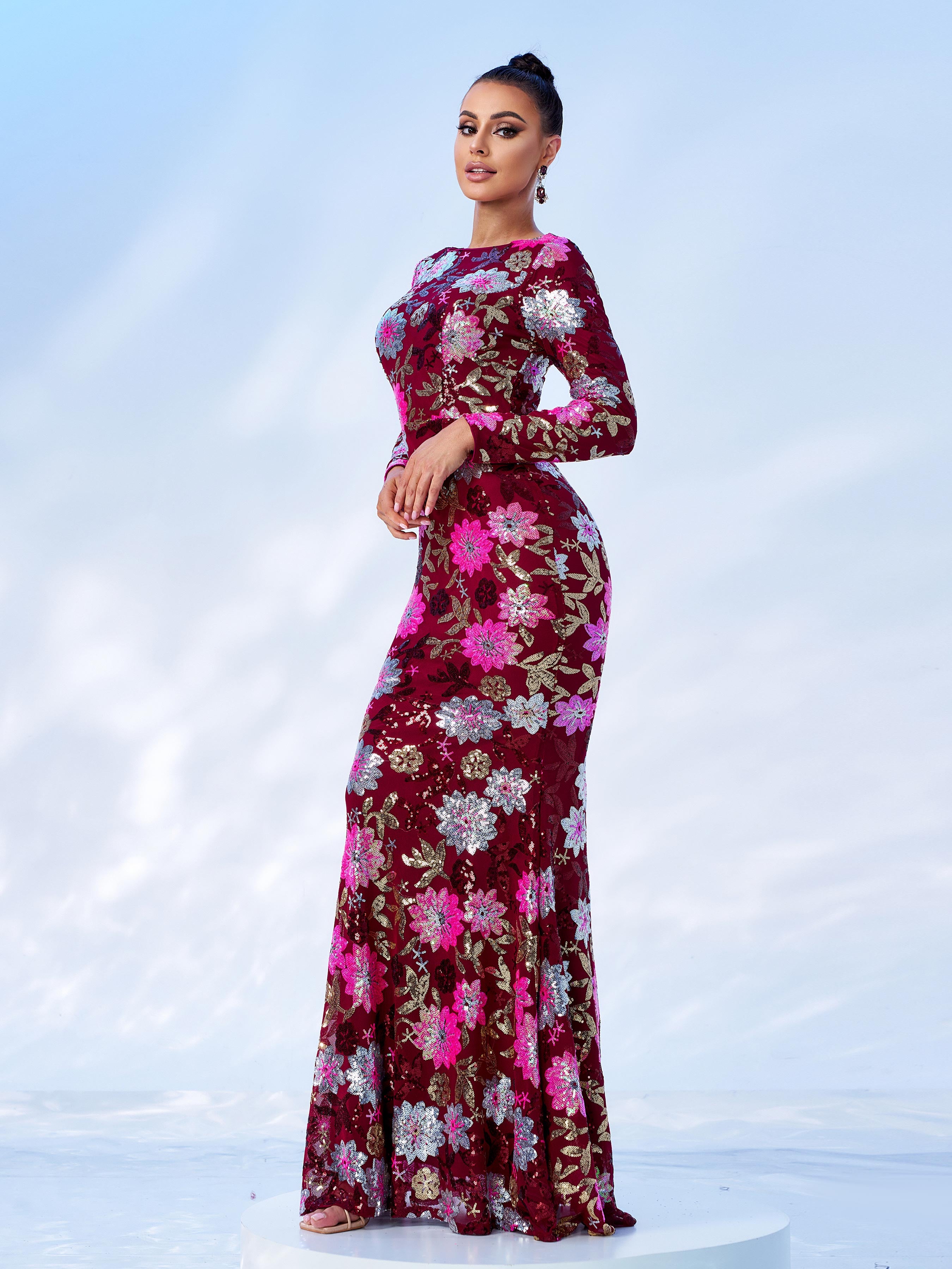 Crew Neck Floral Sequin Dress RJ10987