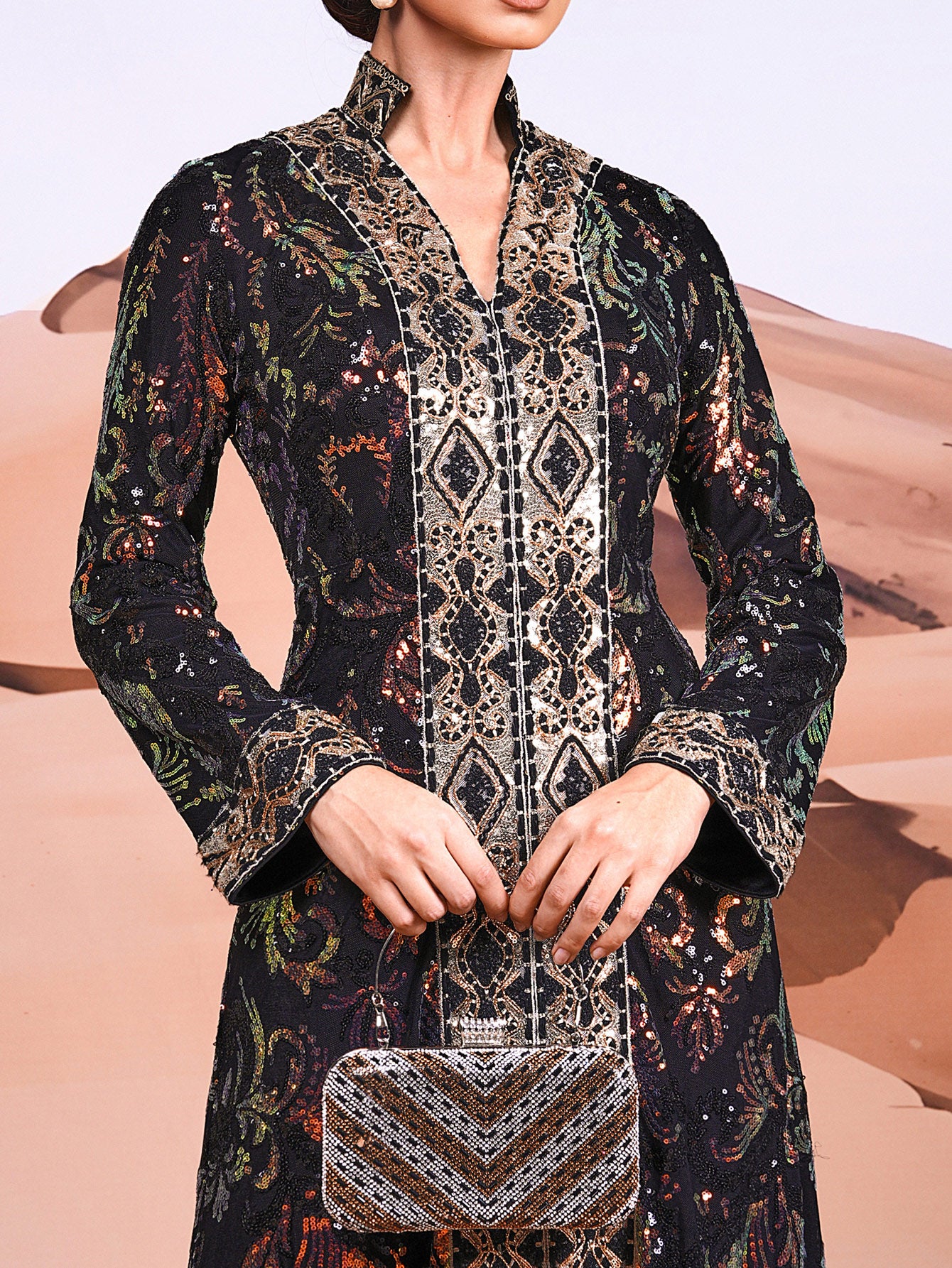 Vintage Sequin Split Black Maxi Dress MES00368