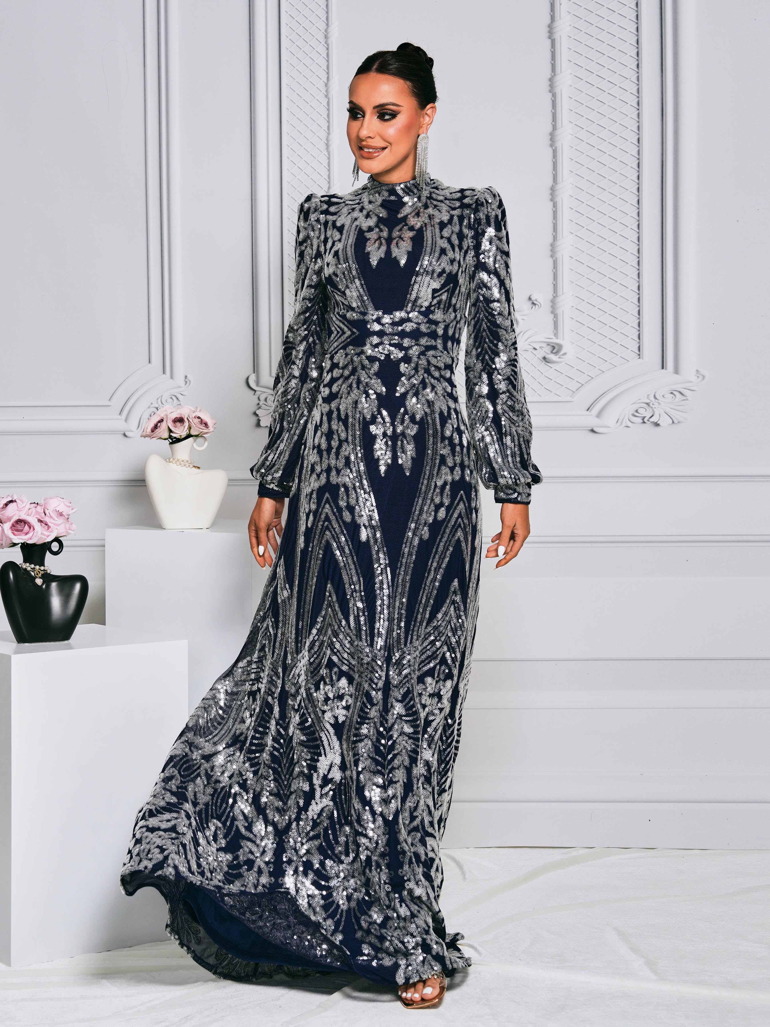 Long Sleeve Sequin Traditional Dress RJ0068