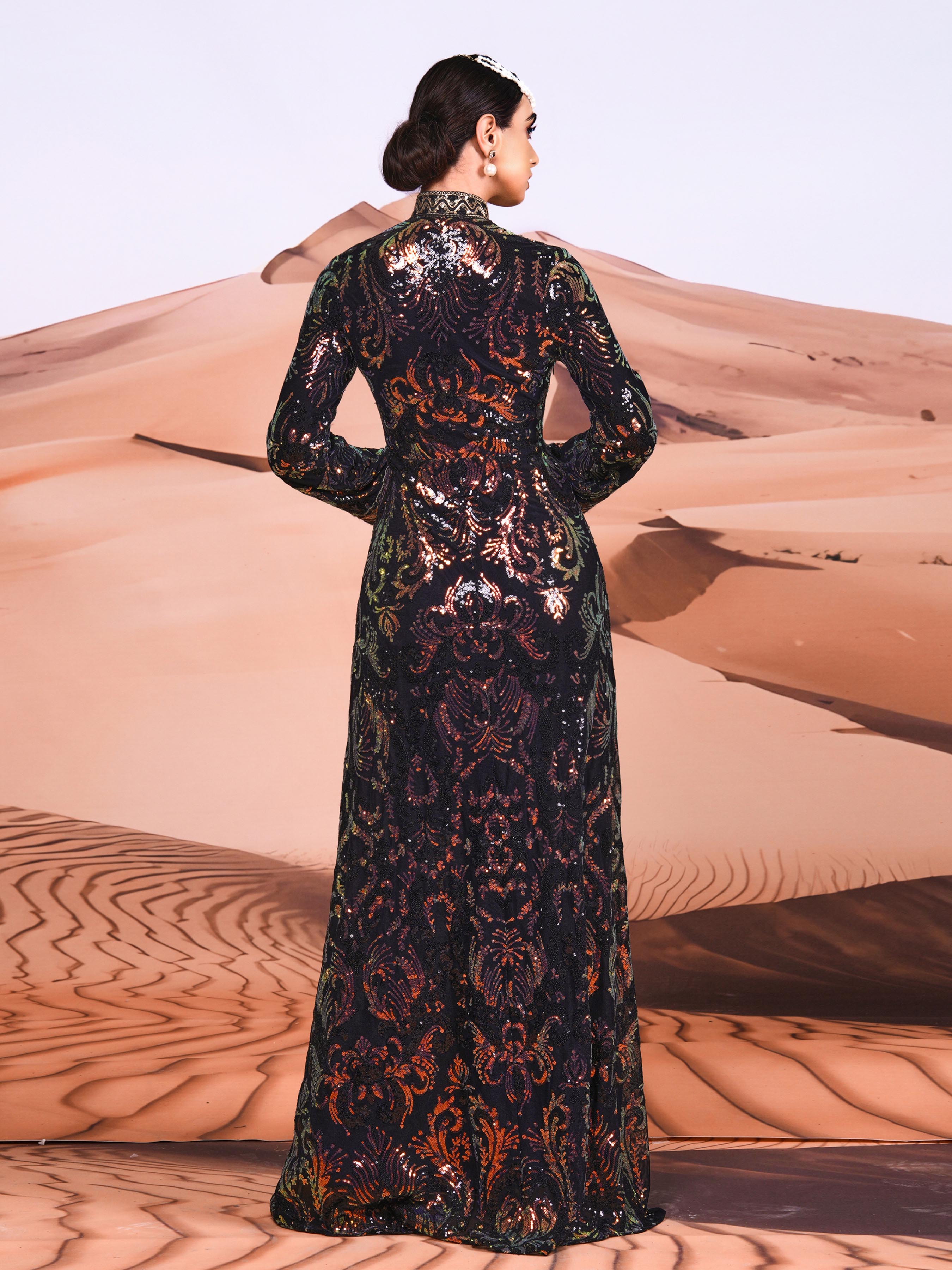 Vintage Sequin Split Black Maxi Dress MES00368