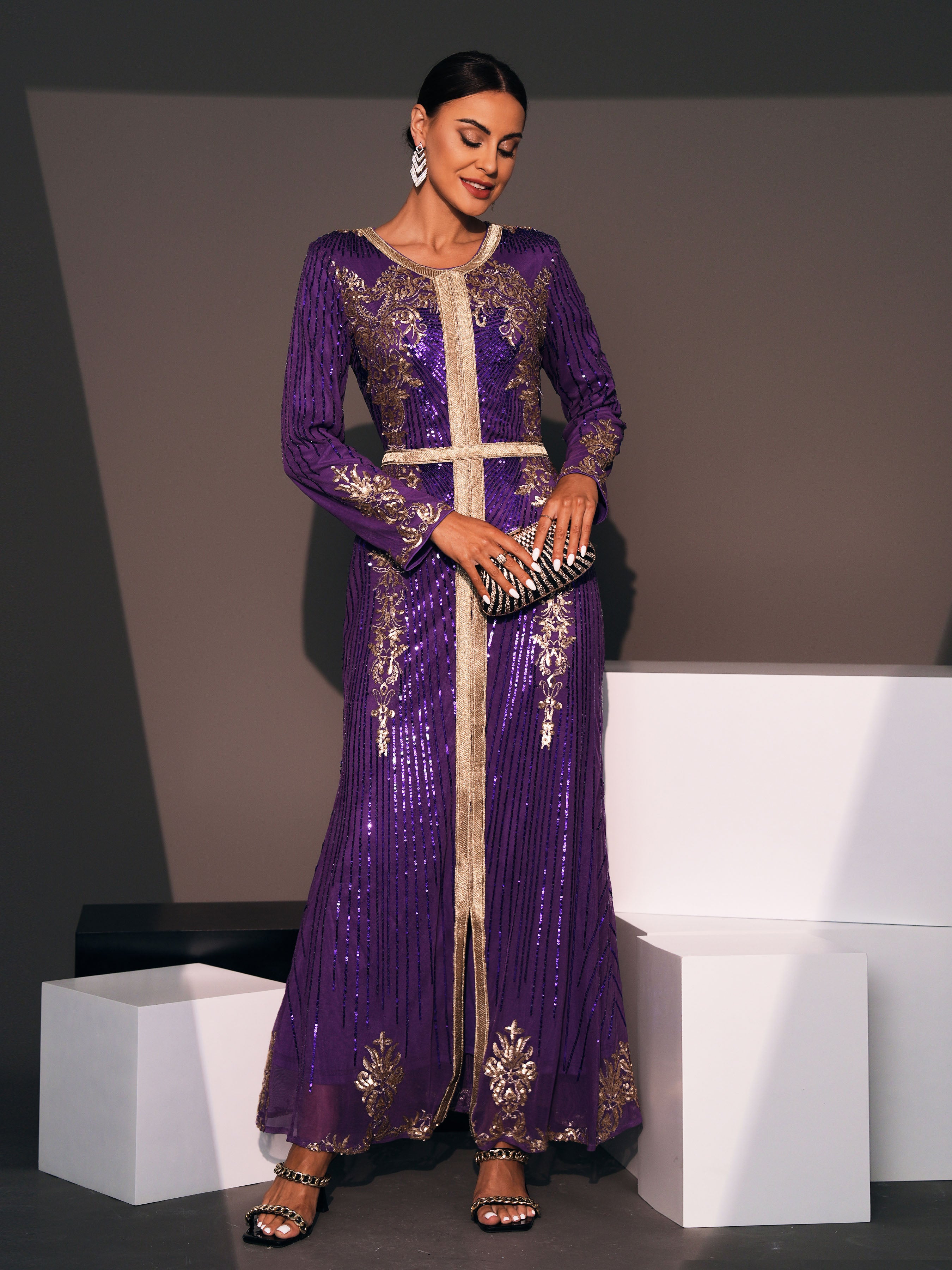 Long Sleeve Purple Sequin Dress ME00326
