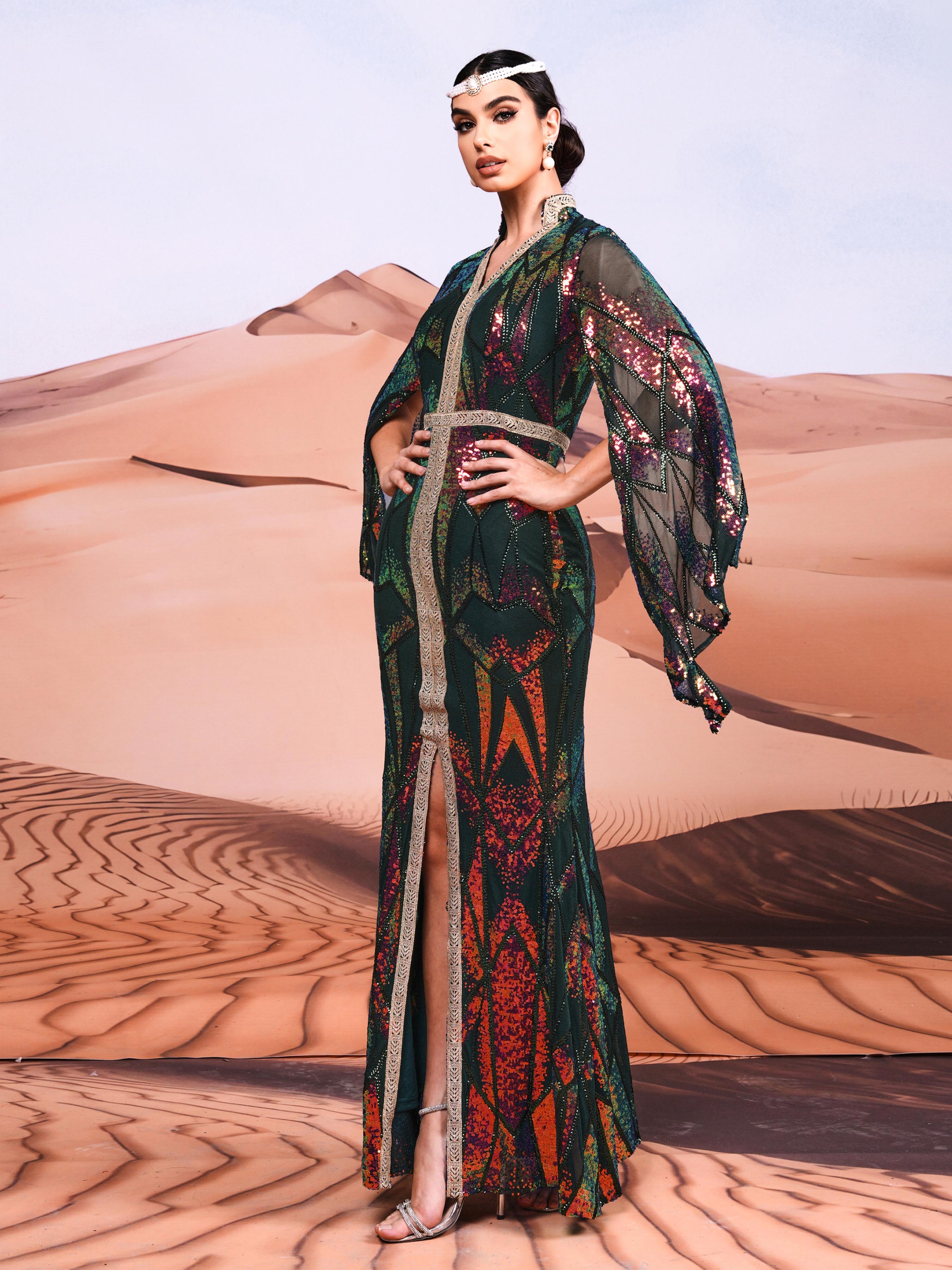 Cape Sleeve Split Sequin Maxi Dress GM00312