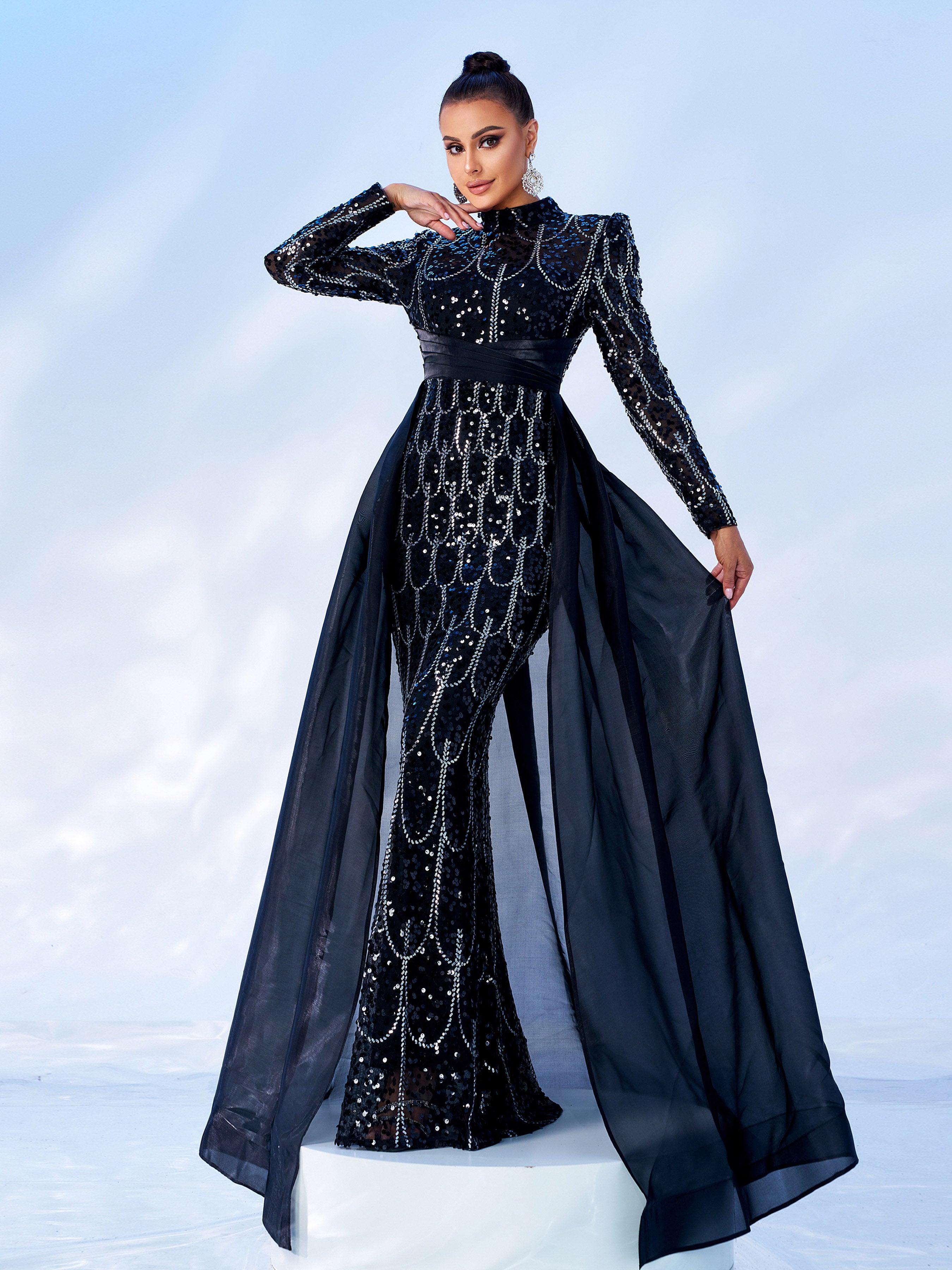 Black Sequin Long Sleeve Cape Evening Dress GM00439