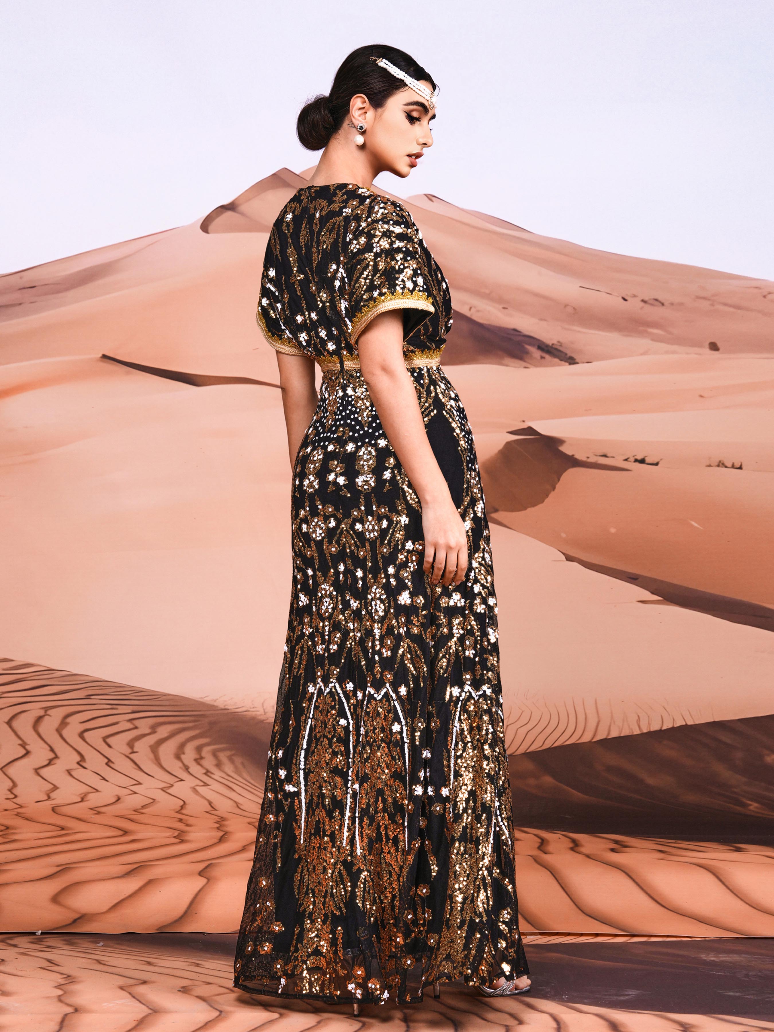 Short Sleeve A-Line Sequin Maxi Dress MES00405