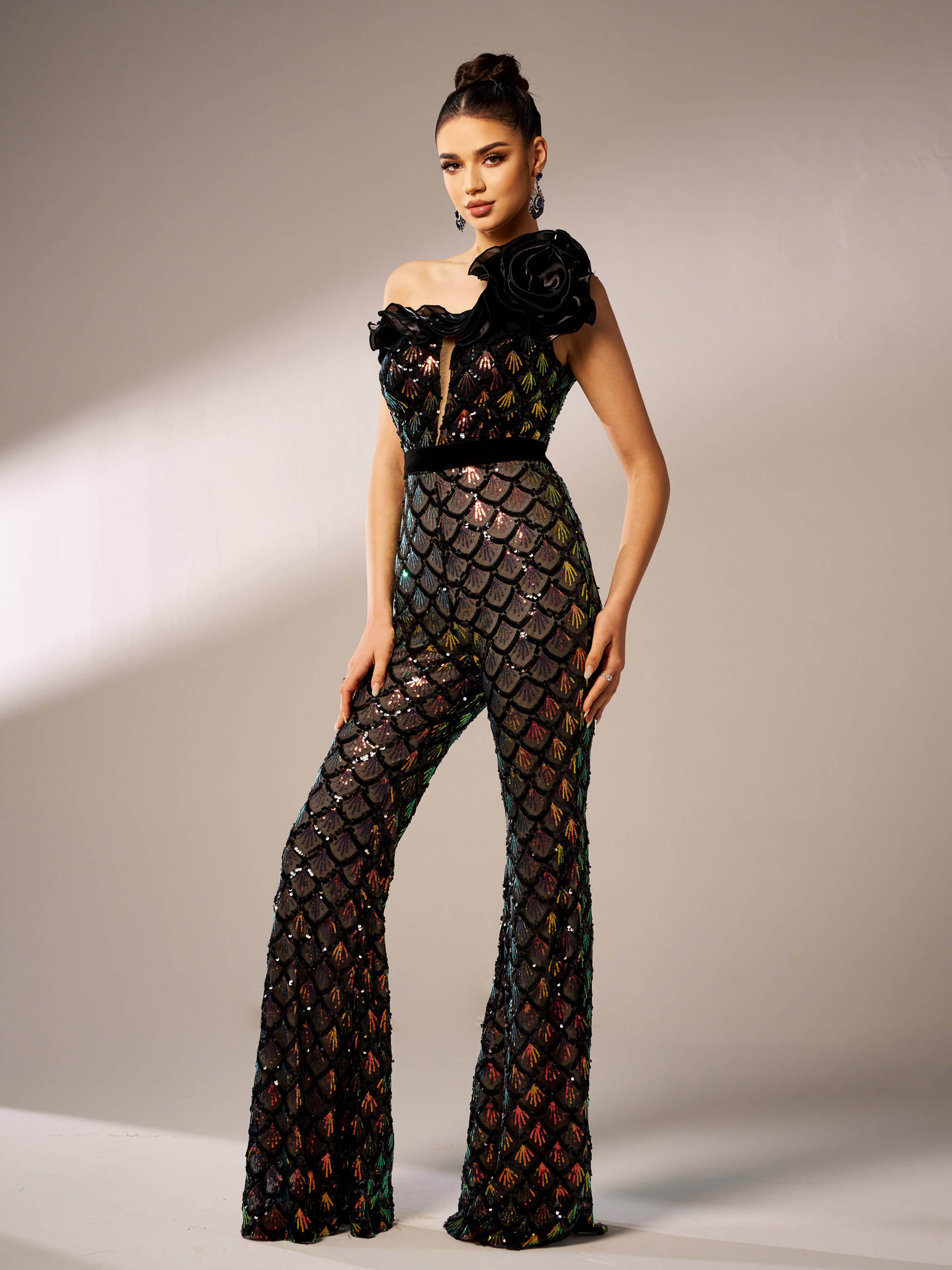 Mermaid Scale Floral One-Shoulder Sequin Jumpsuit DH80223