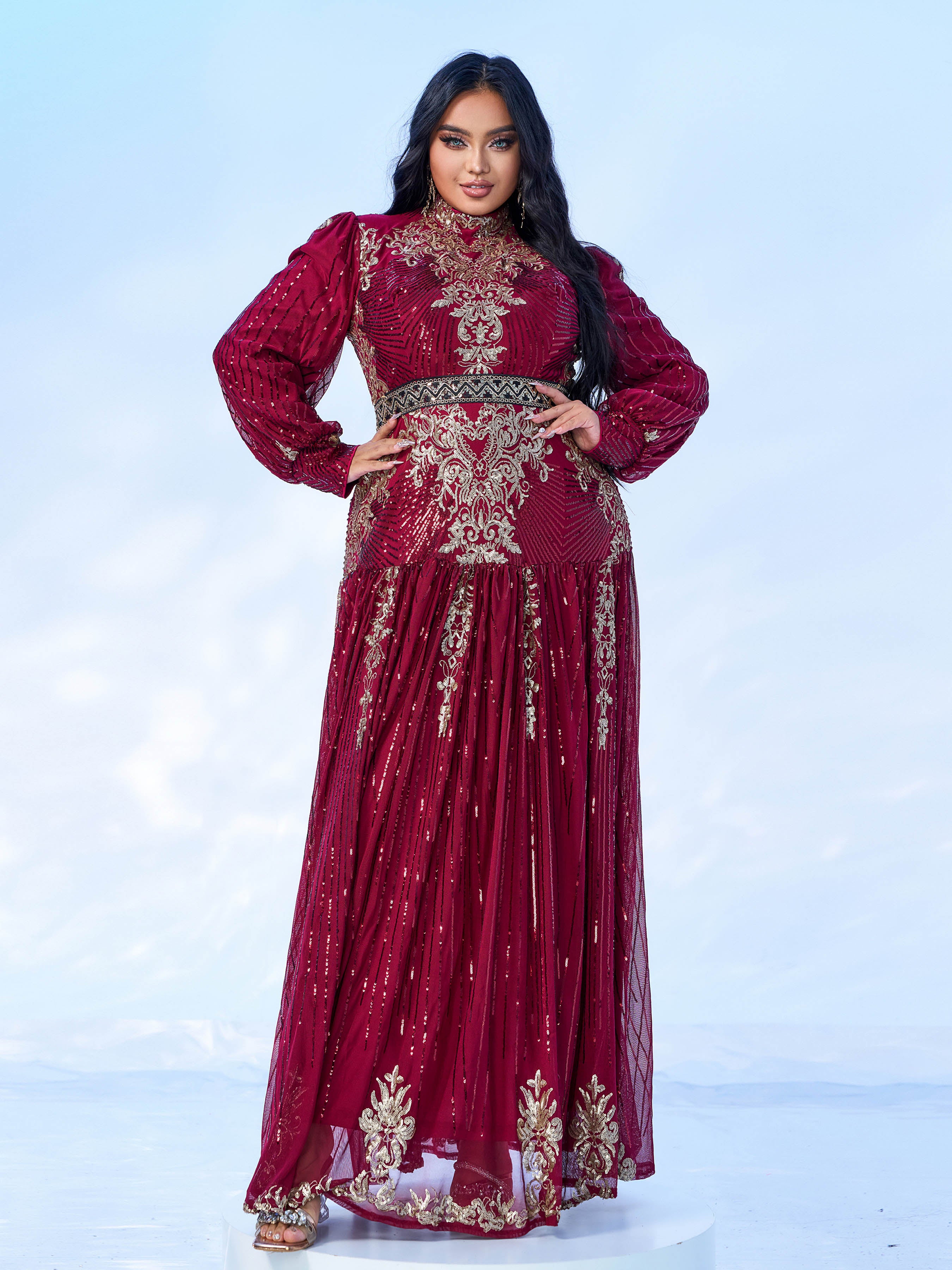 Plus Stand Collar Sequin A-line Dress PMES00341