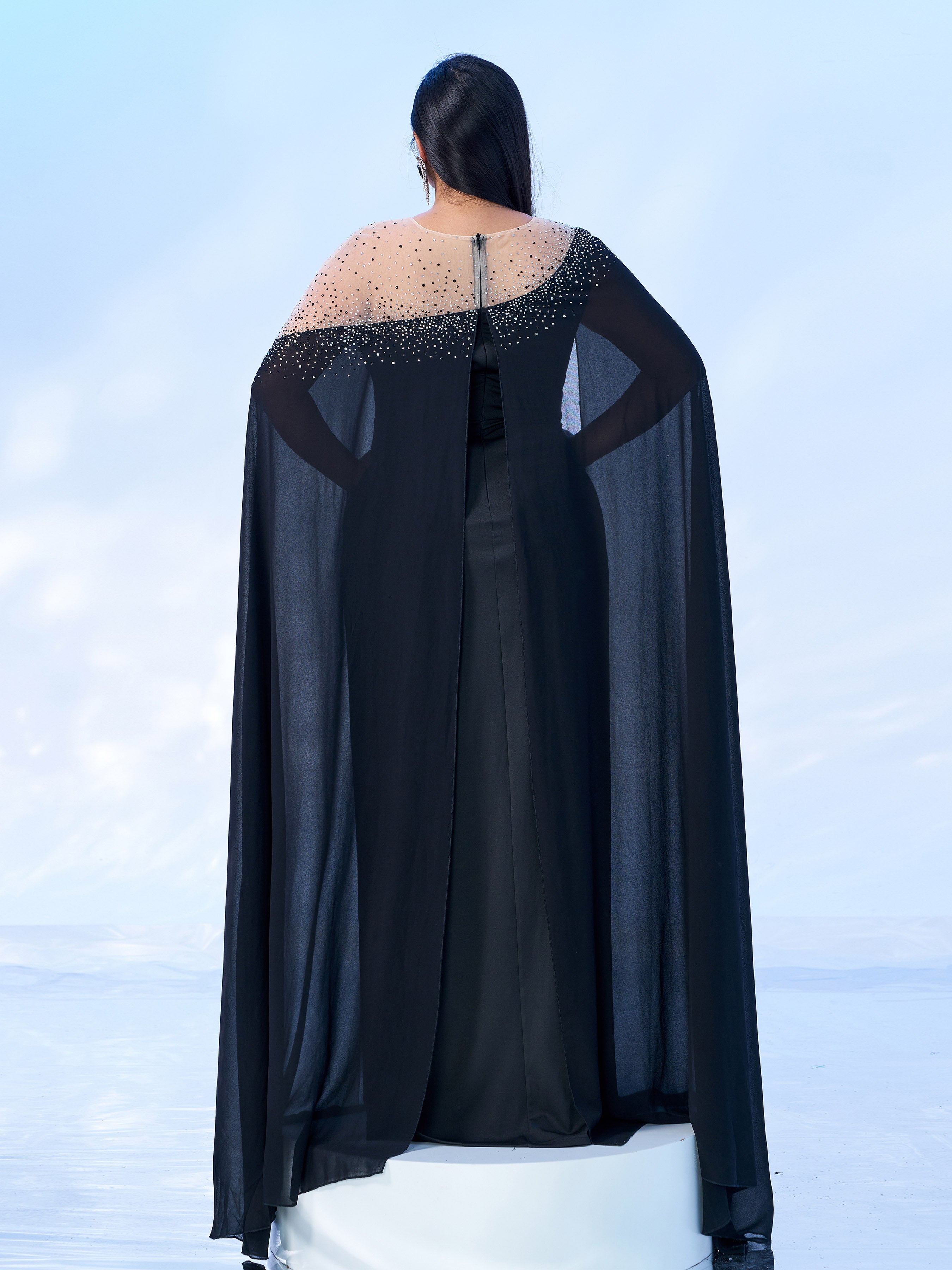 Plus Cape Sleeve Chiffon Split Dress PMES00566