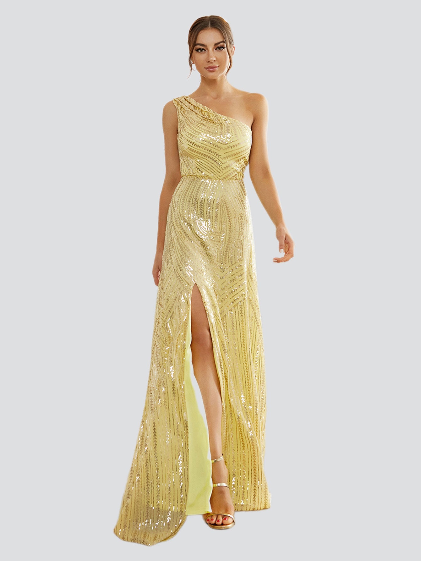 Yellow Sequin One Shoulder Prom Dress XJ1534