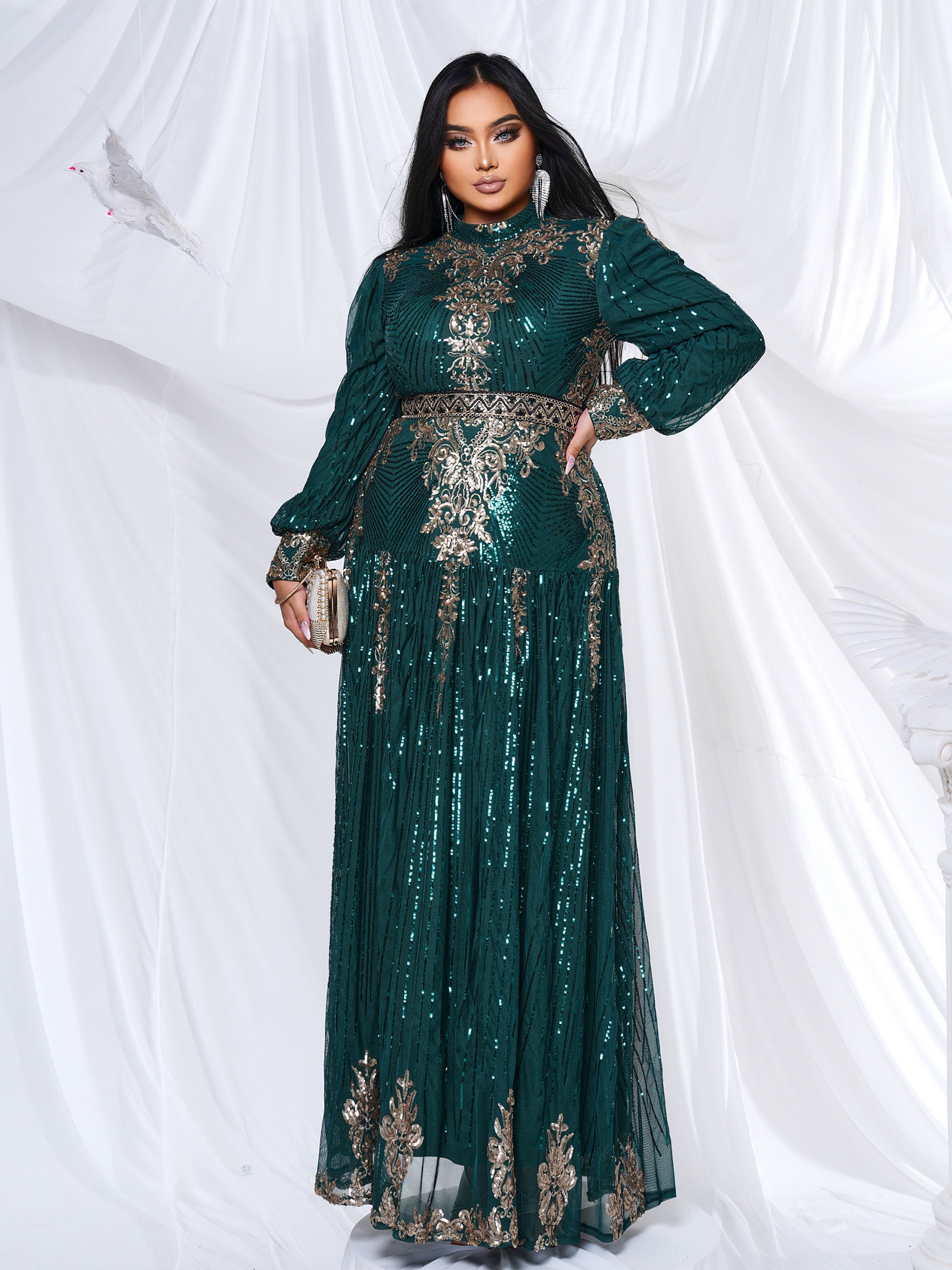 Plus Stand Collar Sequin A-line Dress PMES00341