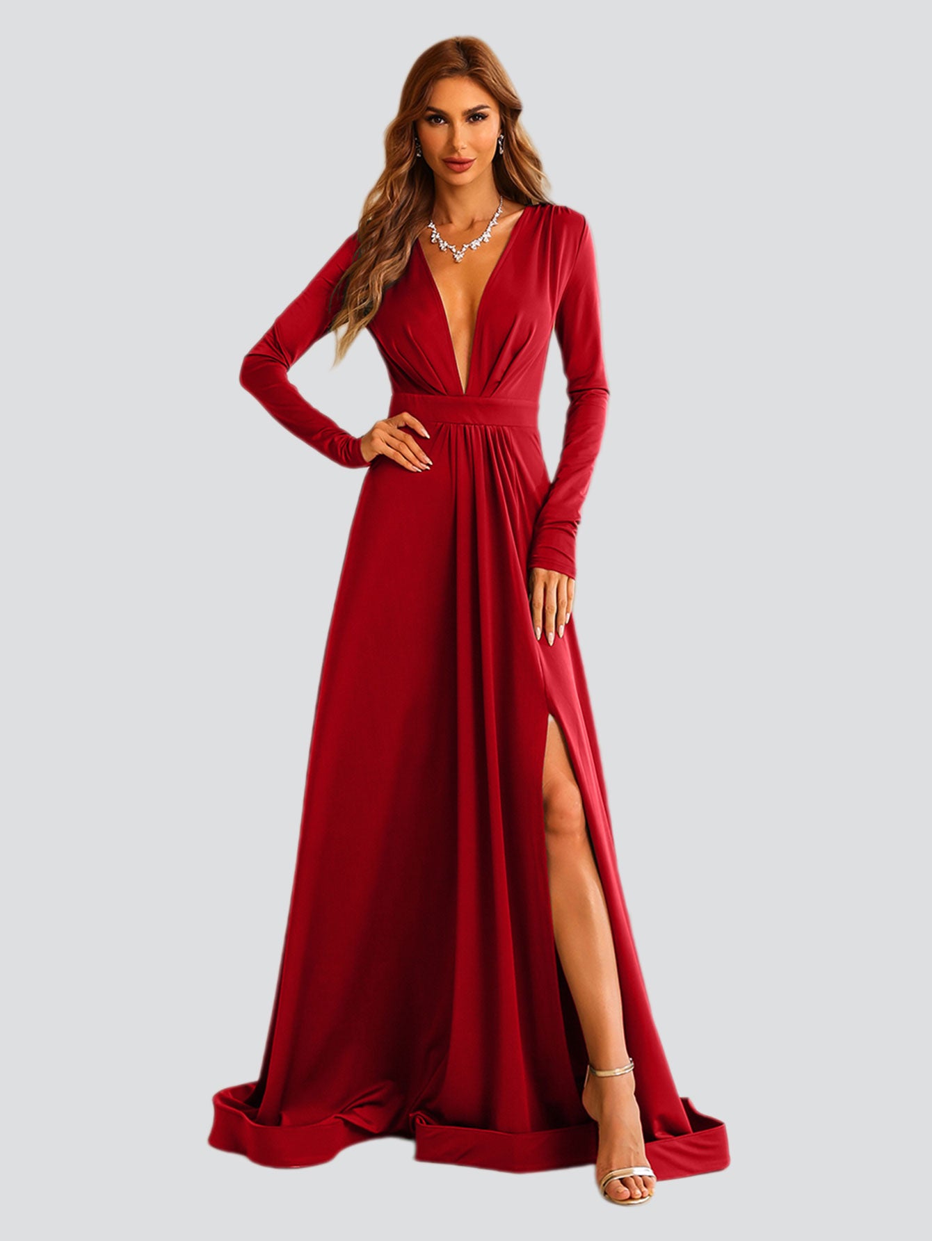 V-neck Long Sleeve Split Maxi Dress XH1221