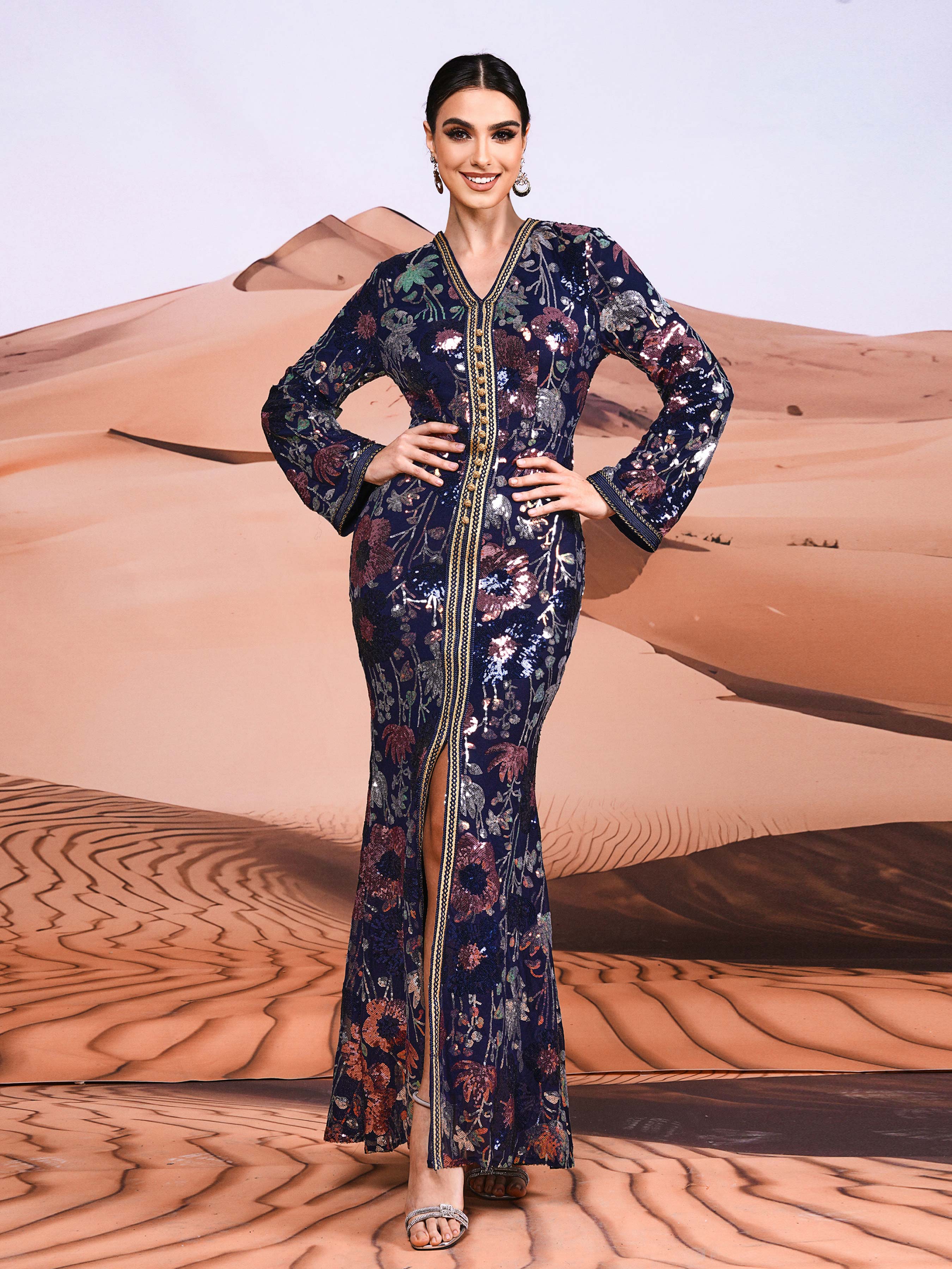 V-neck Floral Sequin Split Formal Dress ME00329