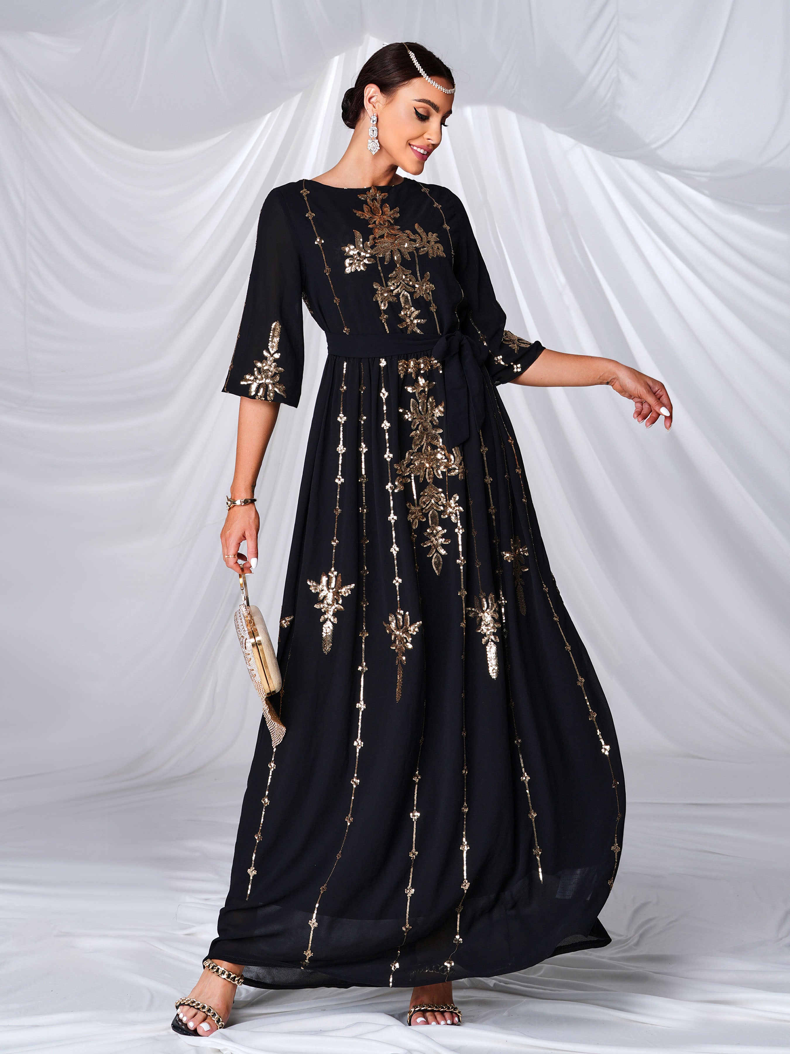 Half Sleeve A-line Sequin Tulle Dress MES00450