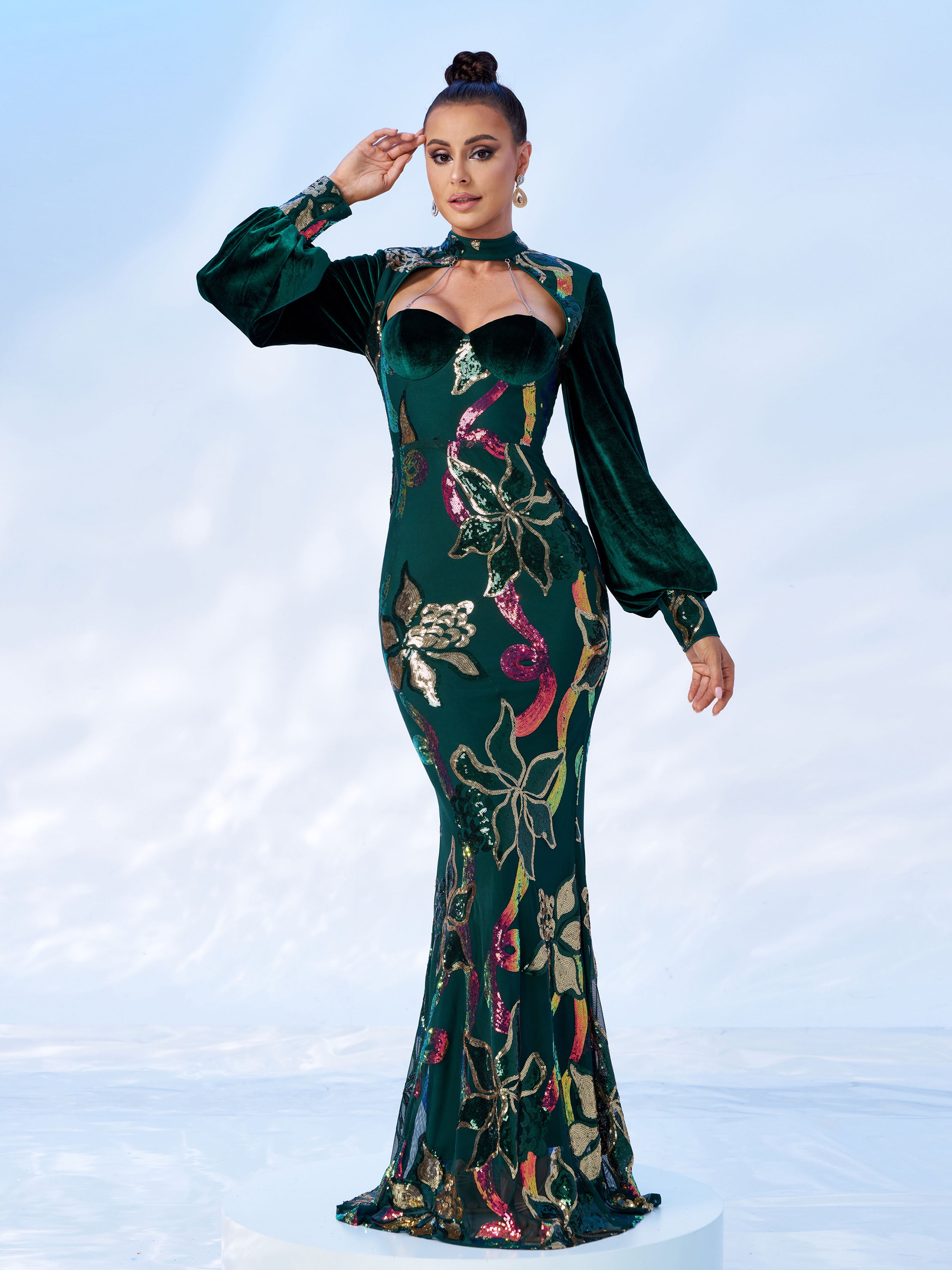 Cutout Lantern Sleeve Mermaid Dress RJ11296