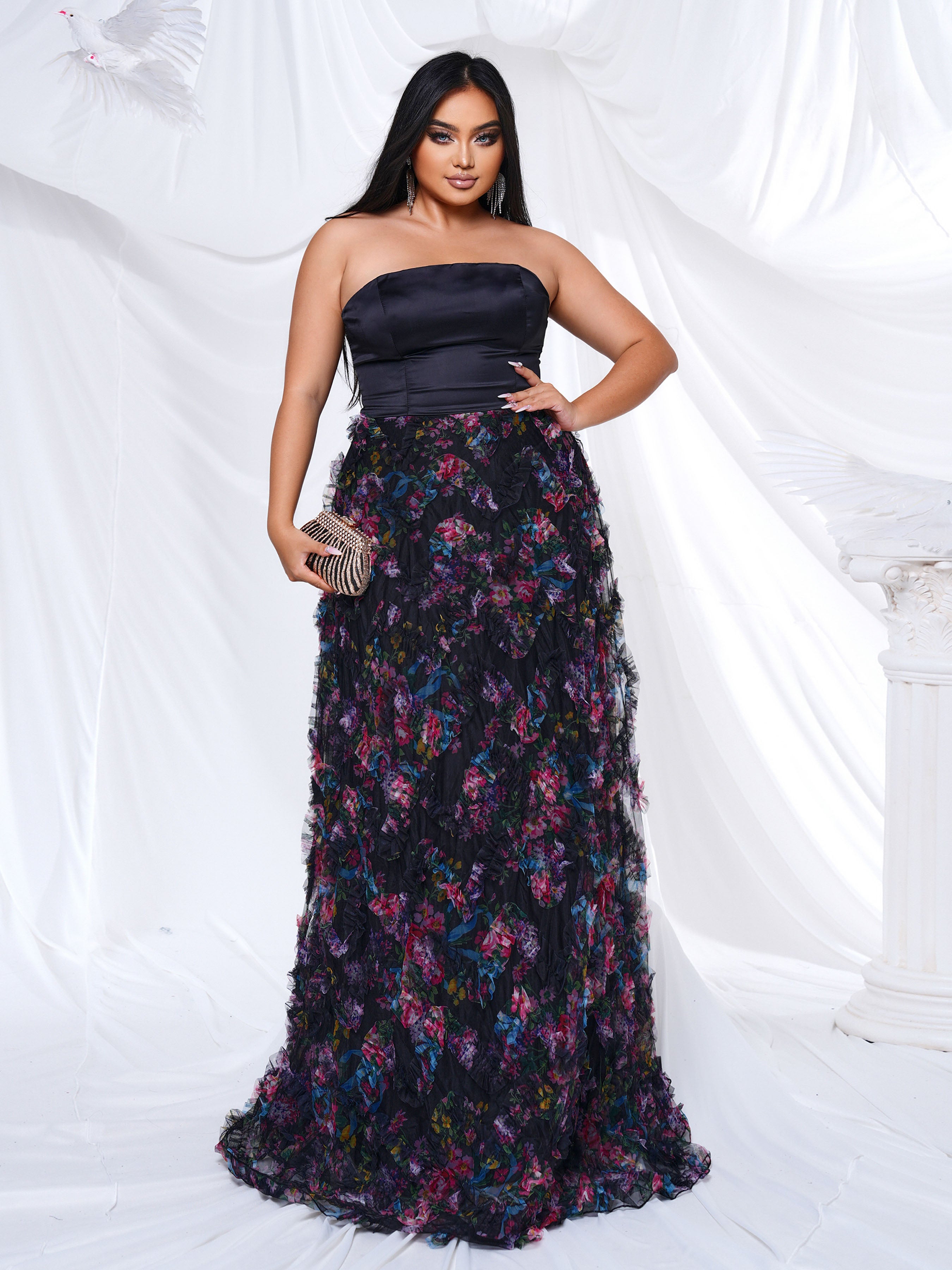 Plus Strapless Sleeveless Floral Tulle Dress PRH30943