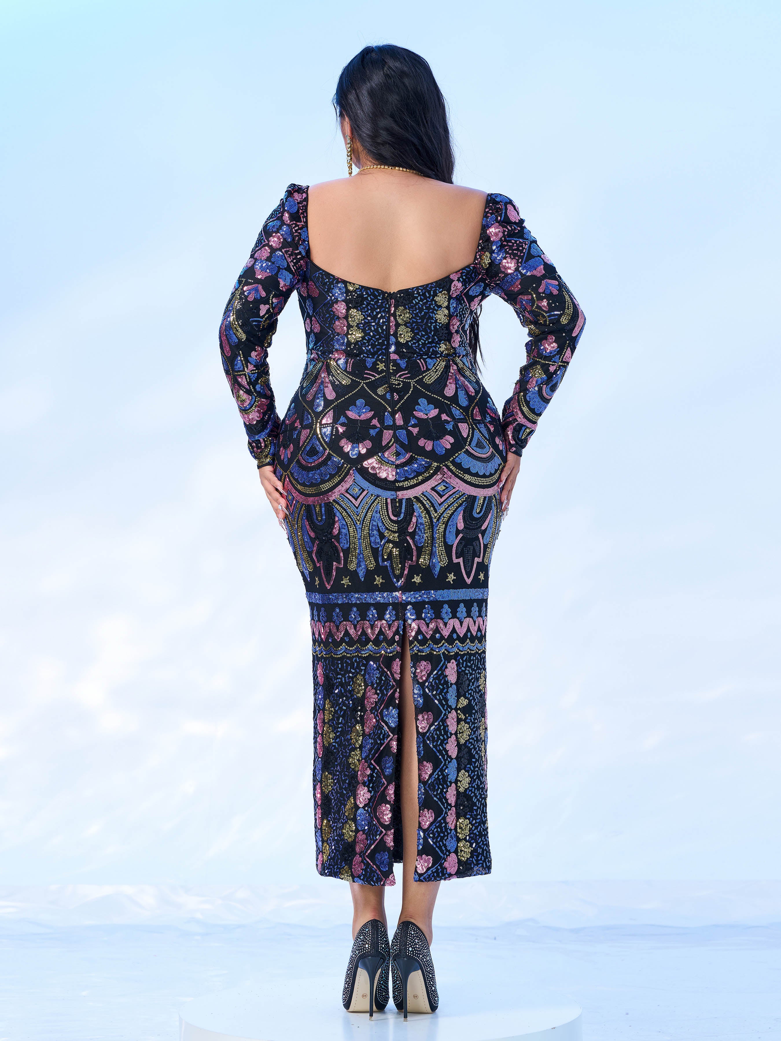 Plus Square Neck Sequin Split Midi Dress PRM20830