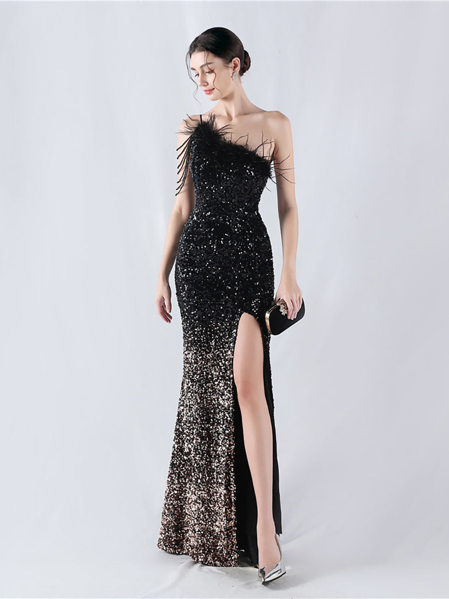 Feather Sequin Beads Chain Cocktail Dress MCW1007