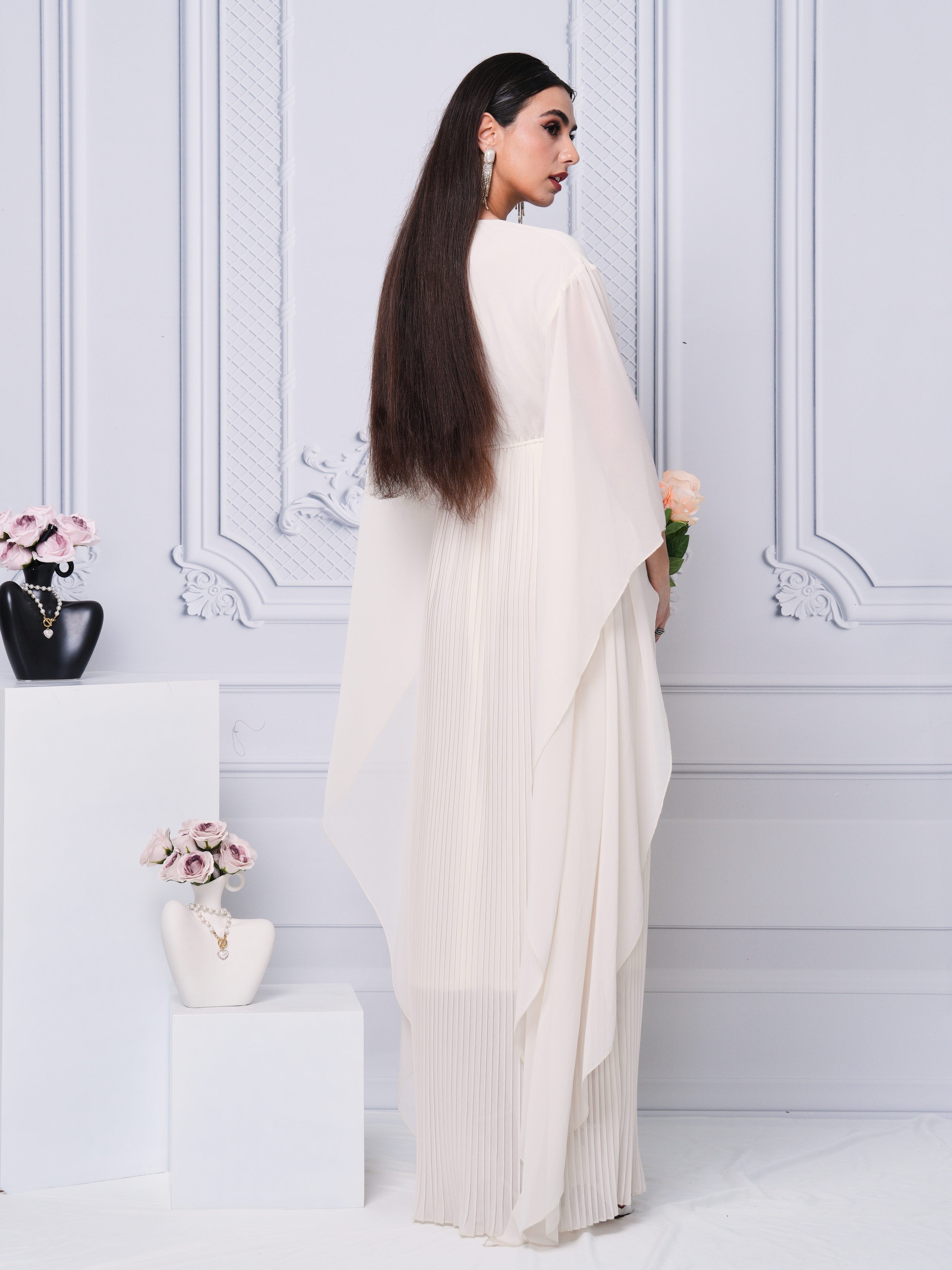 Applique V-neck Irregular Sleeve A-line Dress MES00444