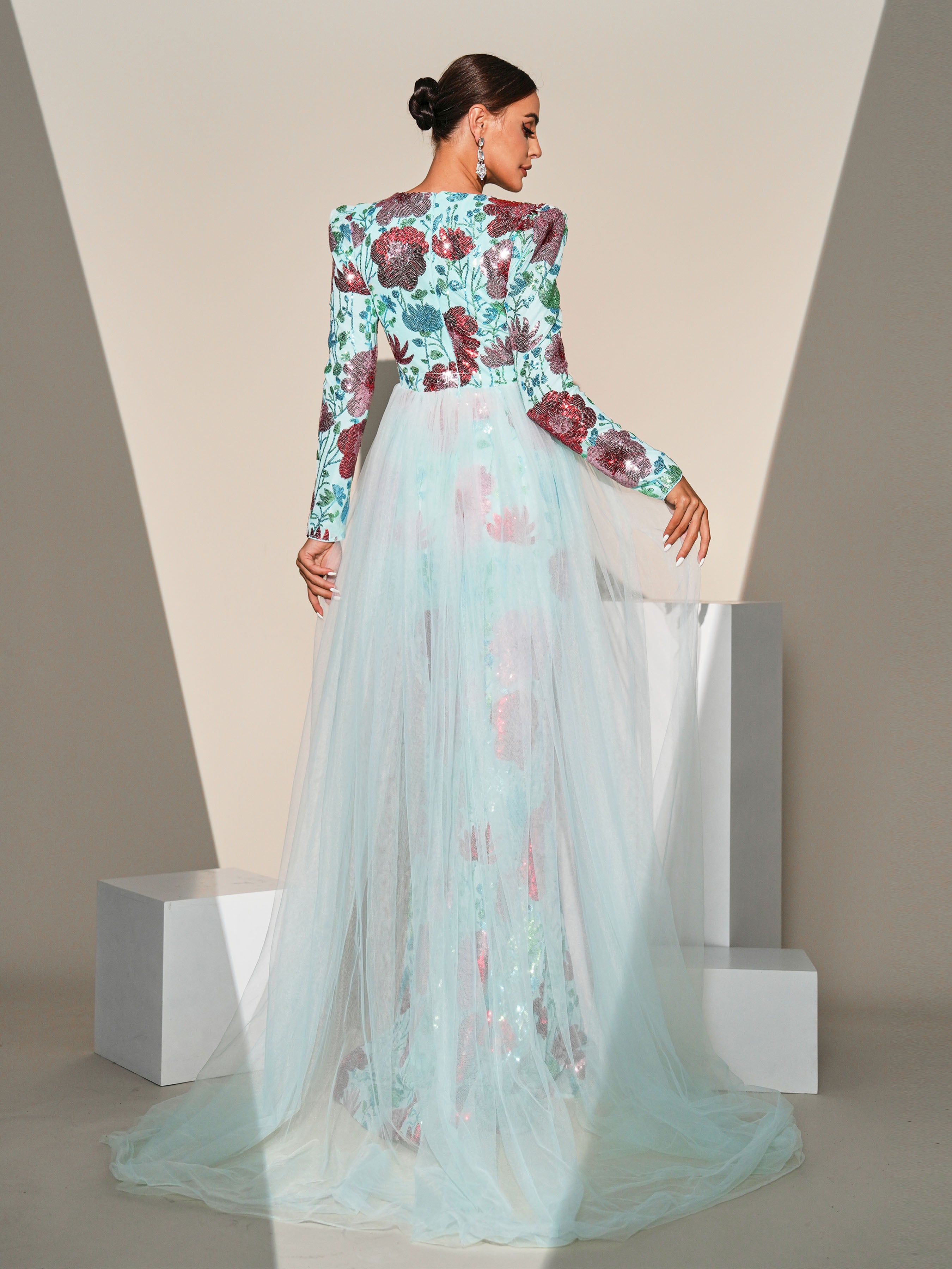 Long Sleeve Floral Sequin Formal Dress MES00557