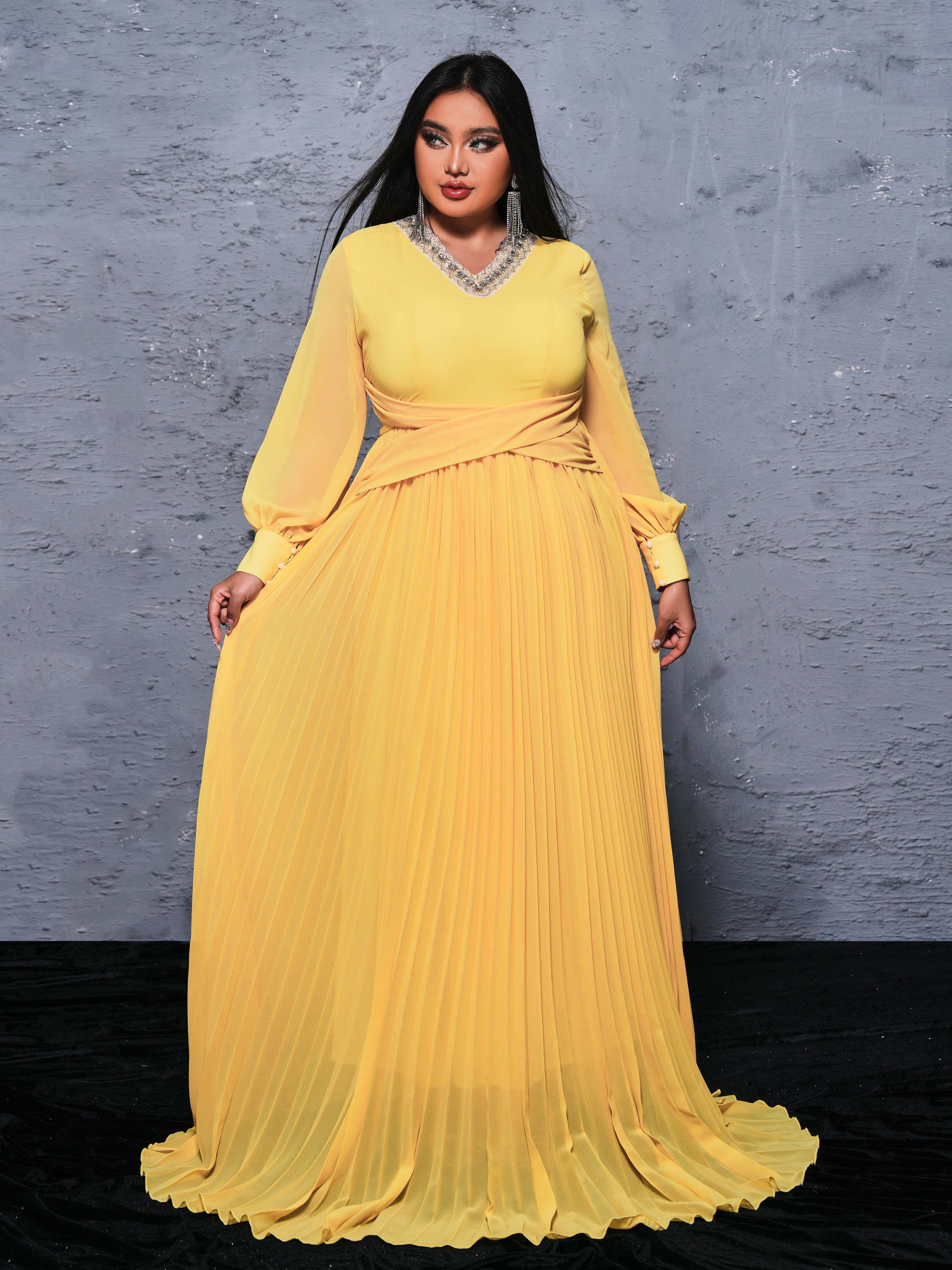 Plus V-neck Rhinestone Lantern Sleeve Fold Dress PRX70012