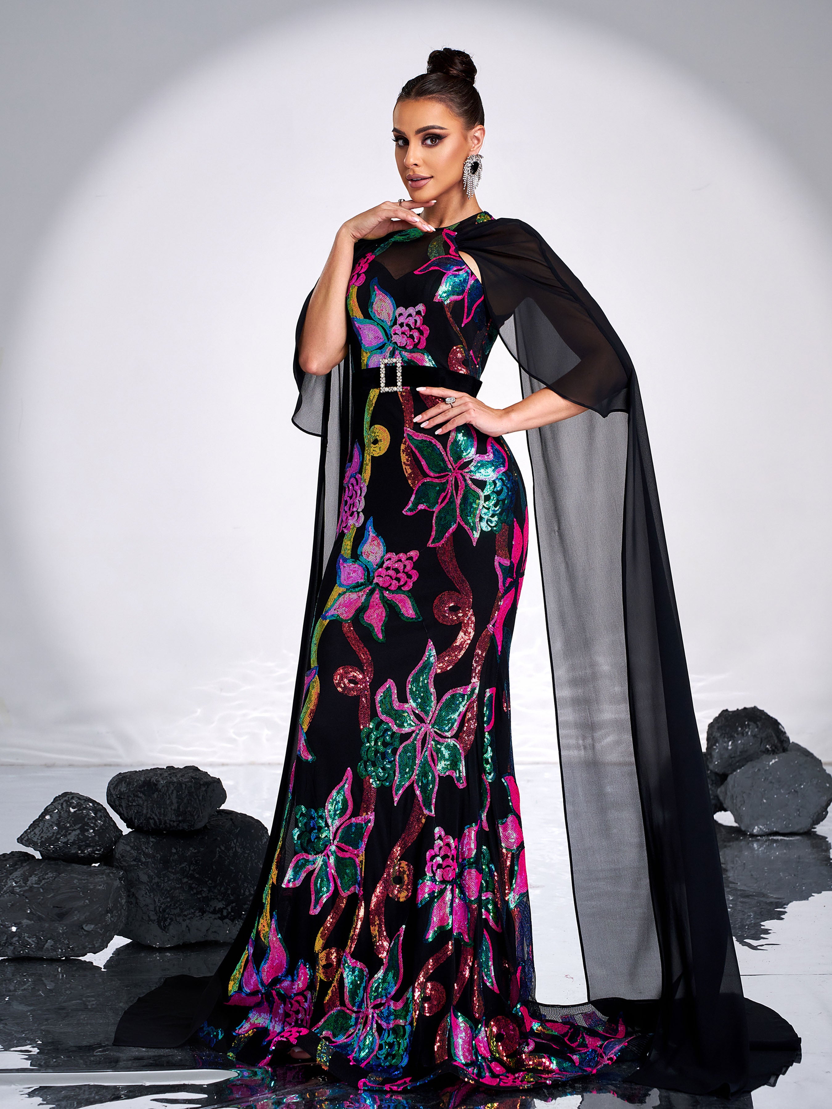 Elegant Round Neck Floral Sequin Mermaid Evening Dress DH80213