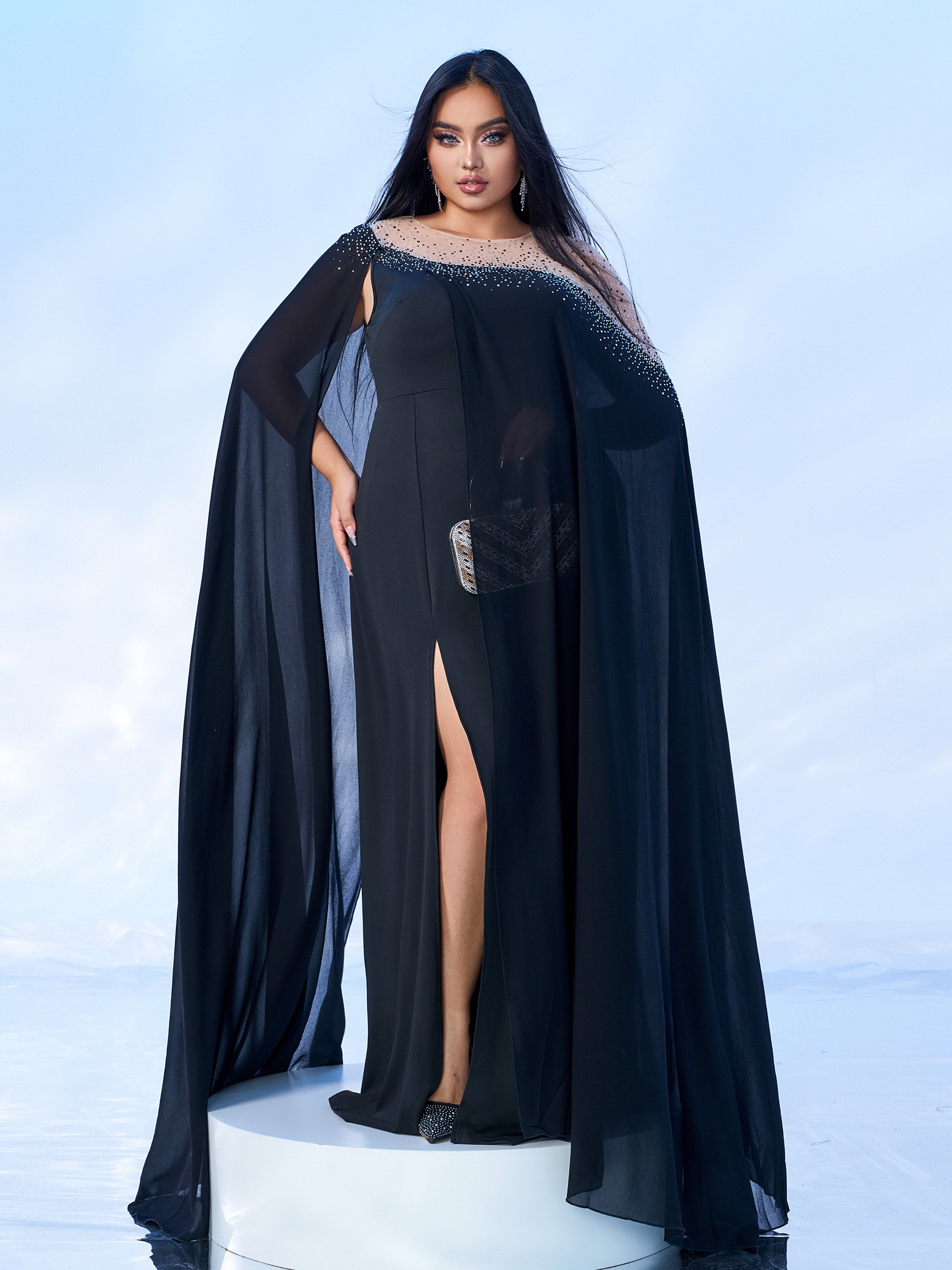 Plus Cape Sleeve Chiffon Split Dress PMES00566