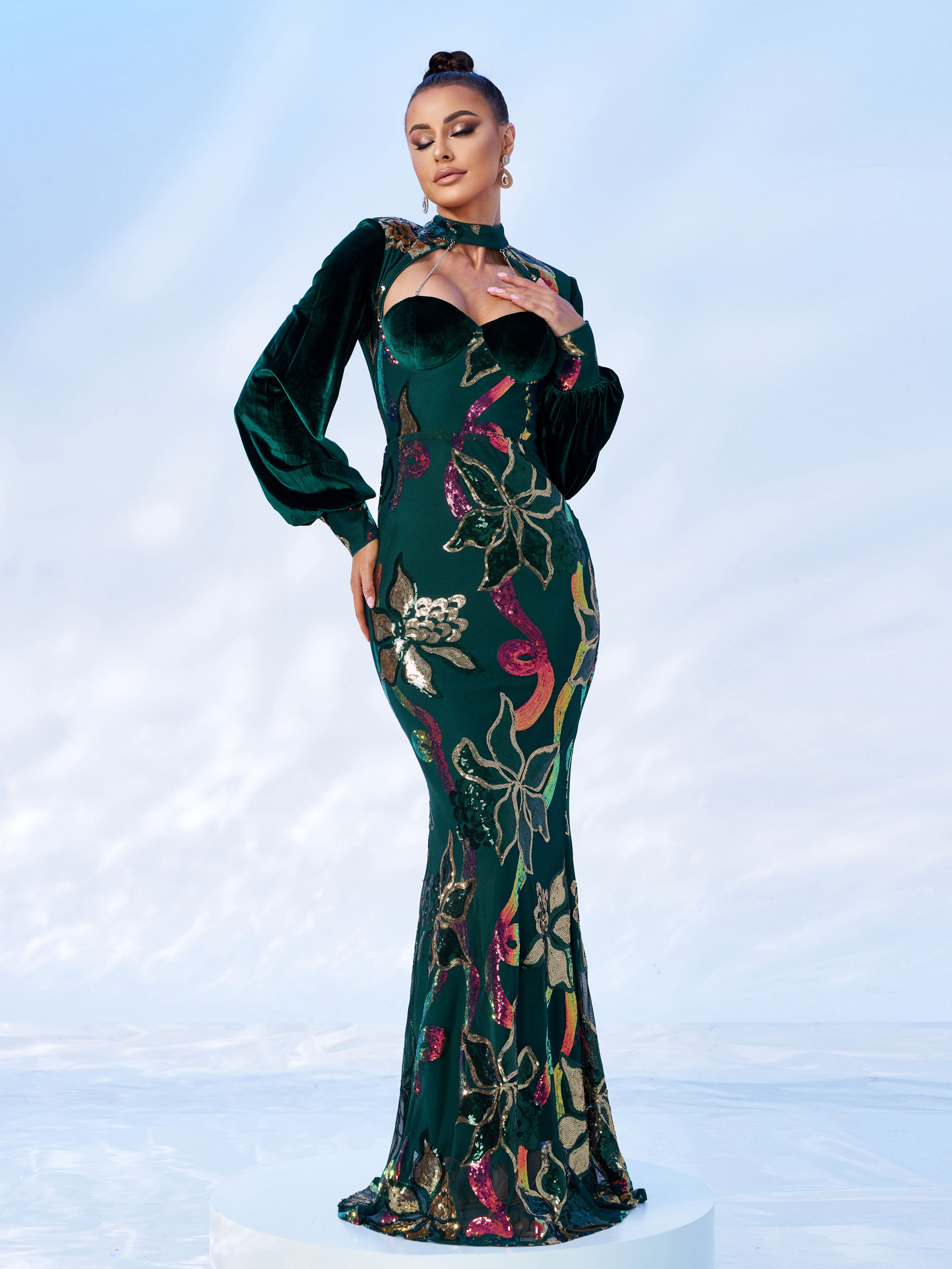Cutout Lantern Sleeve Mermaid Dress RJ11296